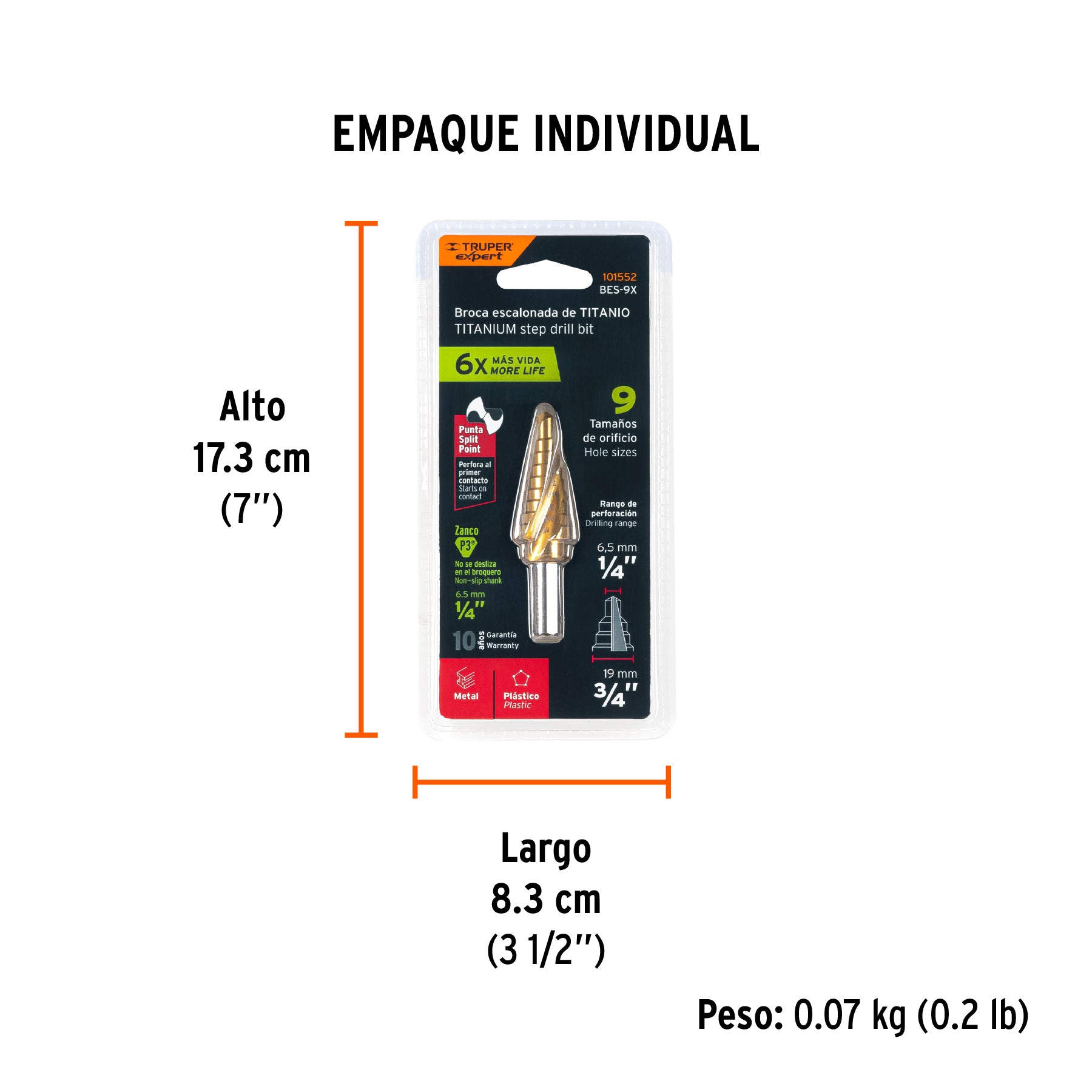 Broca escalonada titanio 9 escalones 1/4" a 3/4", EXPERT - Empaque