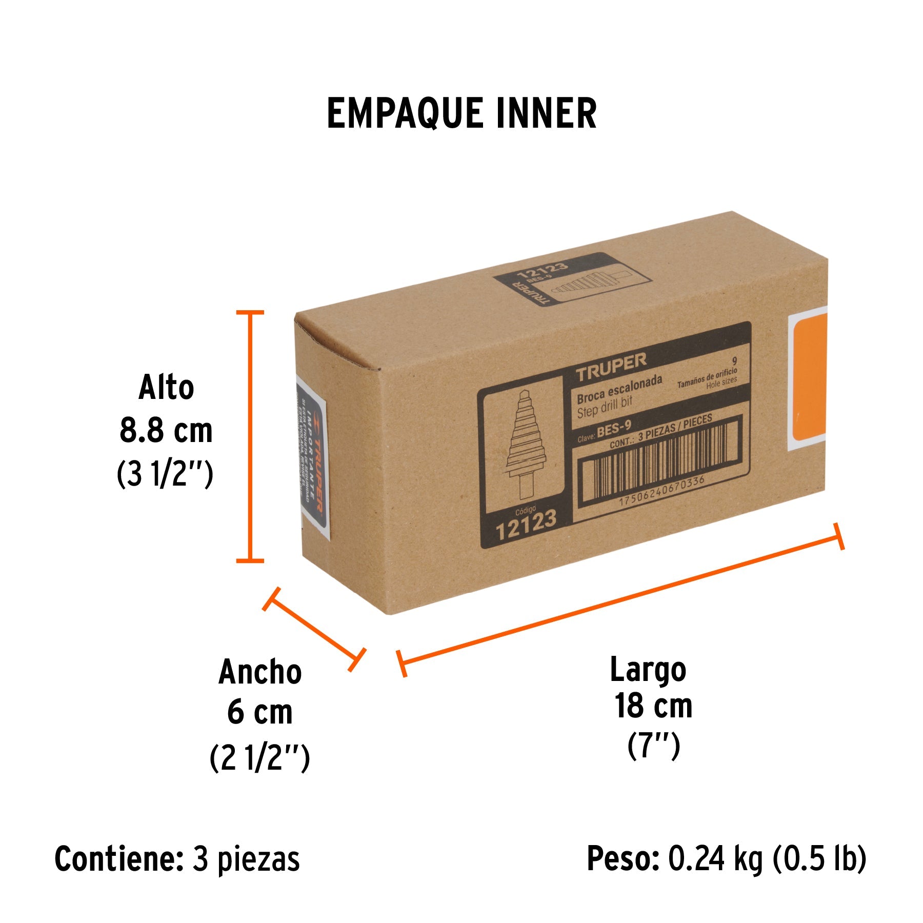 Broca escalonada óxido negro 9 escalones 1/4" a 3/4", TRUPER - Empaque