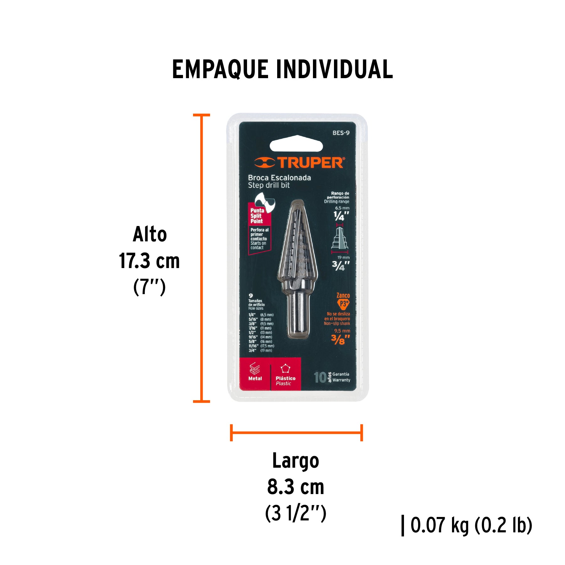 Broca escalonada óxido negro 9 escalones 1/4" a 3/4", TRUPER - Empaque