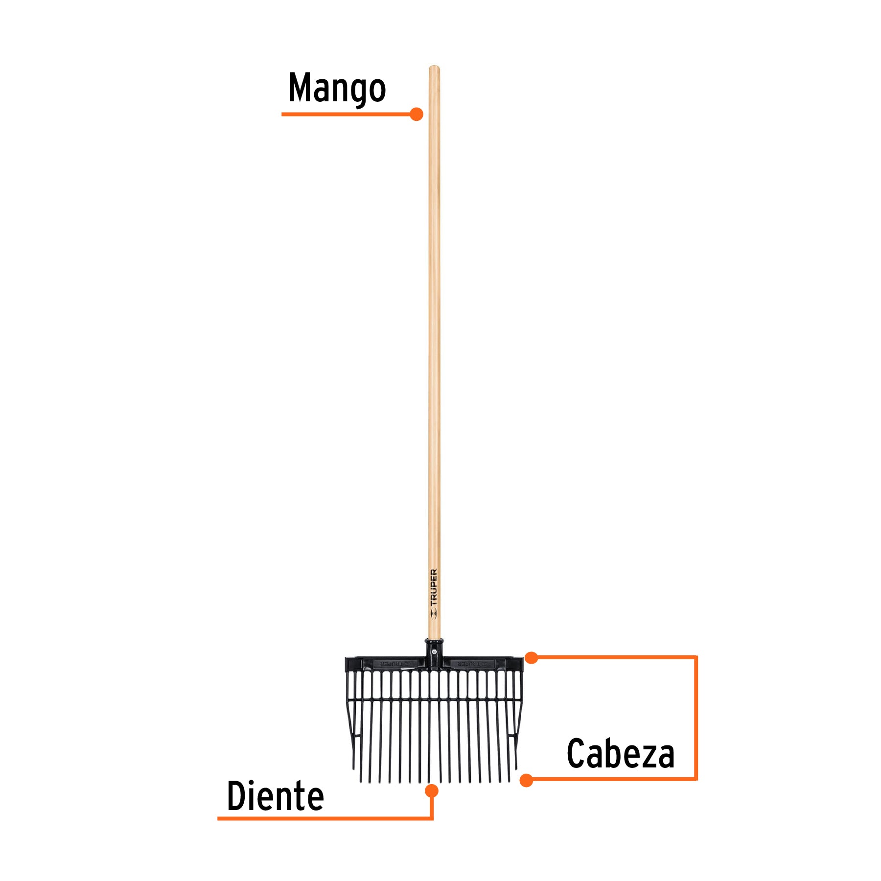 Bieldo para estiércol, 16 dientes, mango 54",cabeza plástica