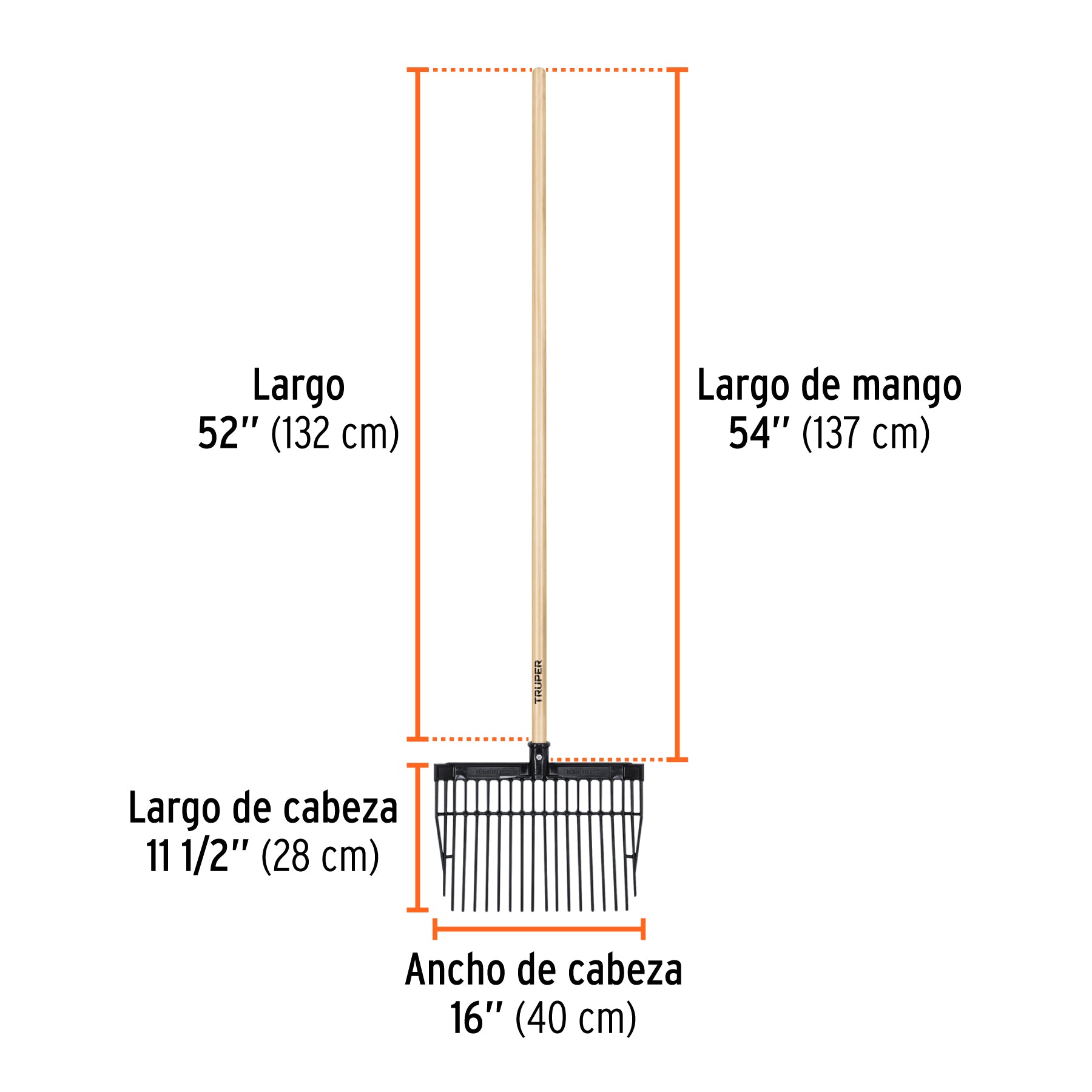 Bieldo para estiércol, 16 dientes, mango 54",cabeza plástica