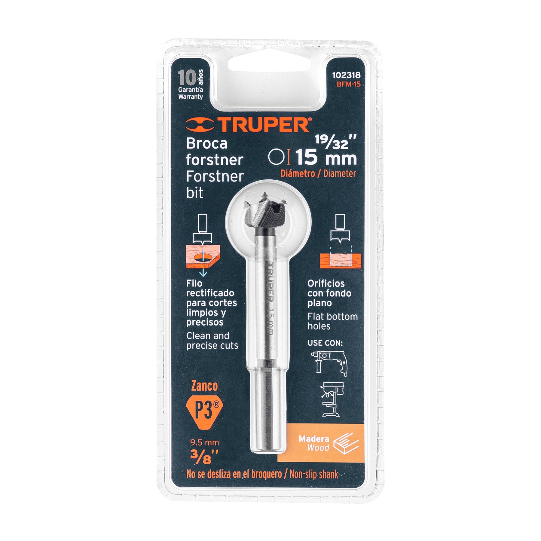 Broca forstner 15 mm para madera, TRUPER