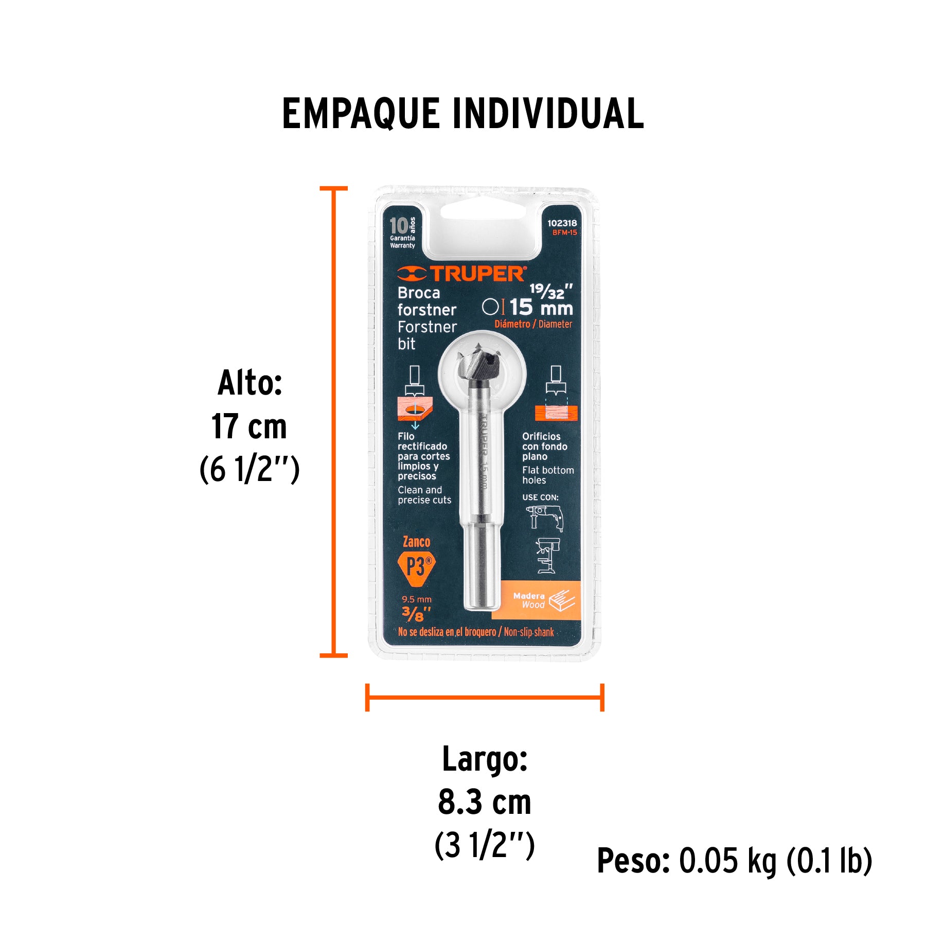 Broca forstner 15 mm para madera, TRUPER - Empaque