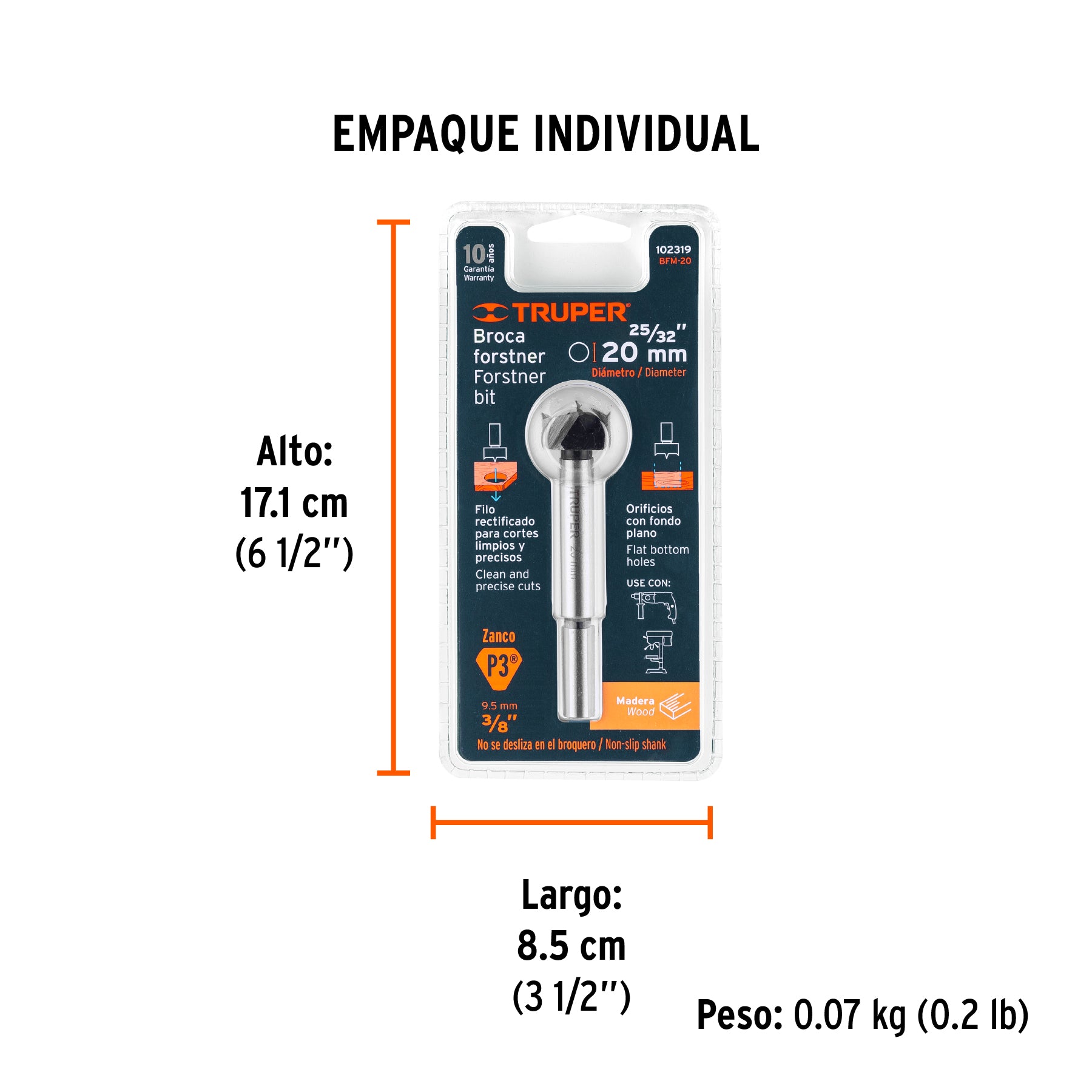 Broca forstner 20 mm para madera, TRUPER - Empaque