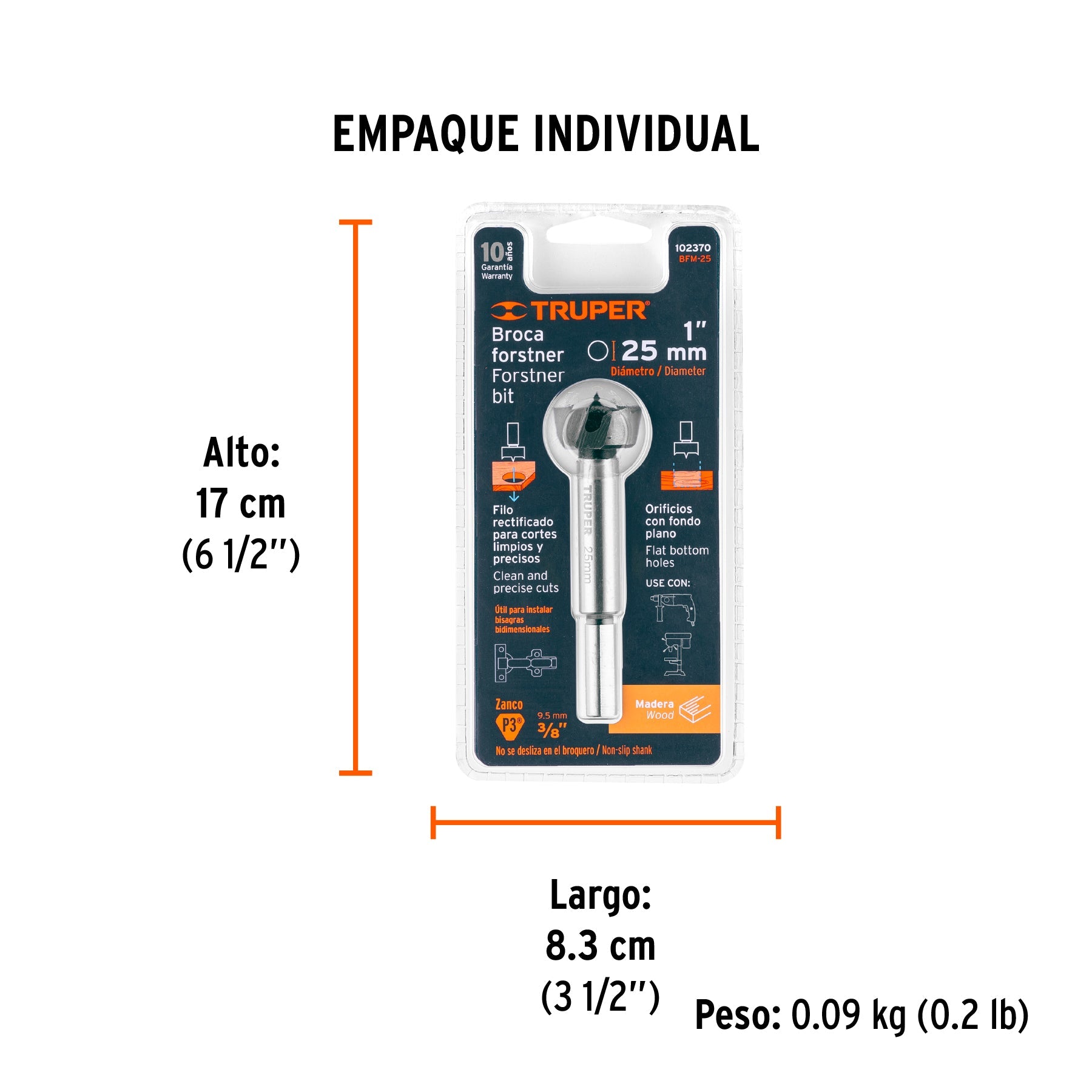 Broca forstner 25 mm para madera, TRUPER - Empaque