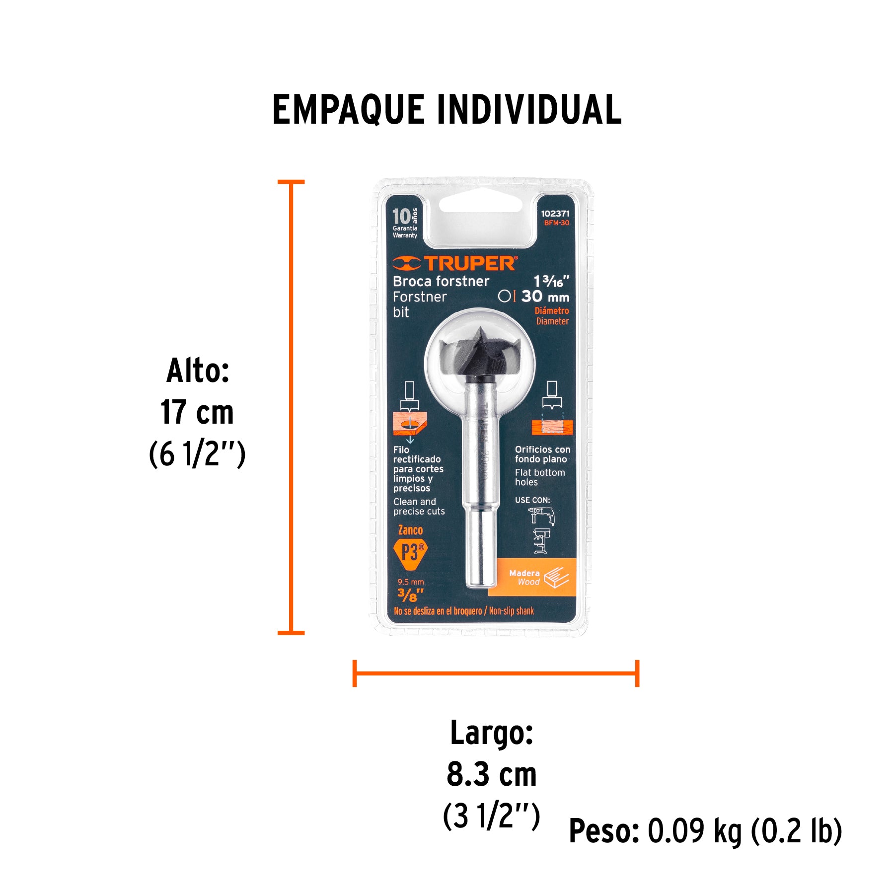 Broca forstner 30 mm para madera, TRUPER - Empaque