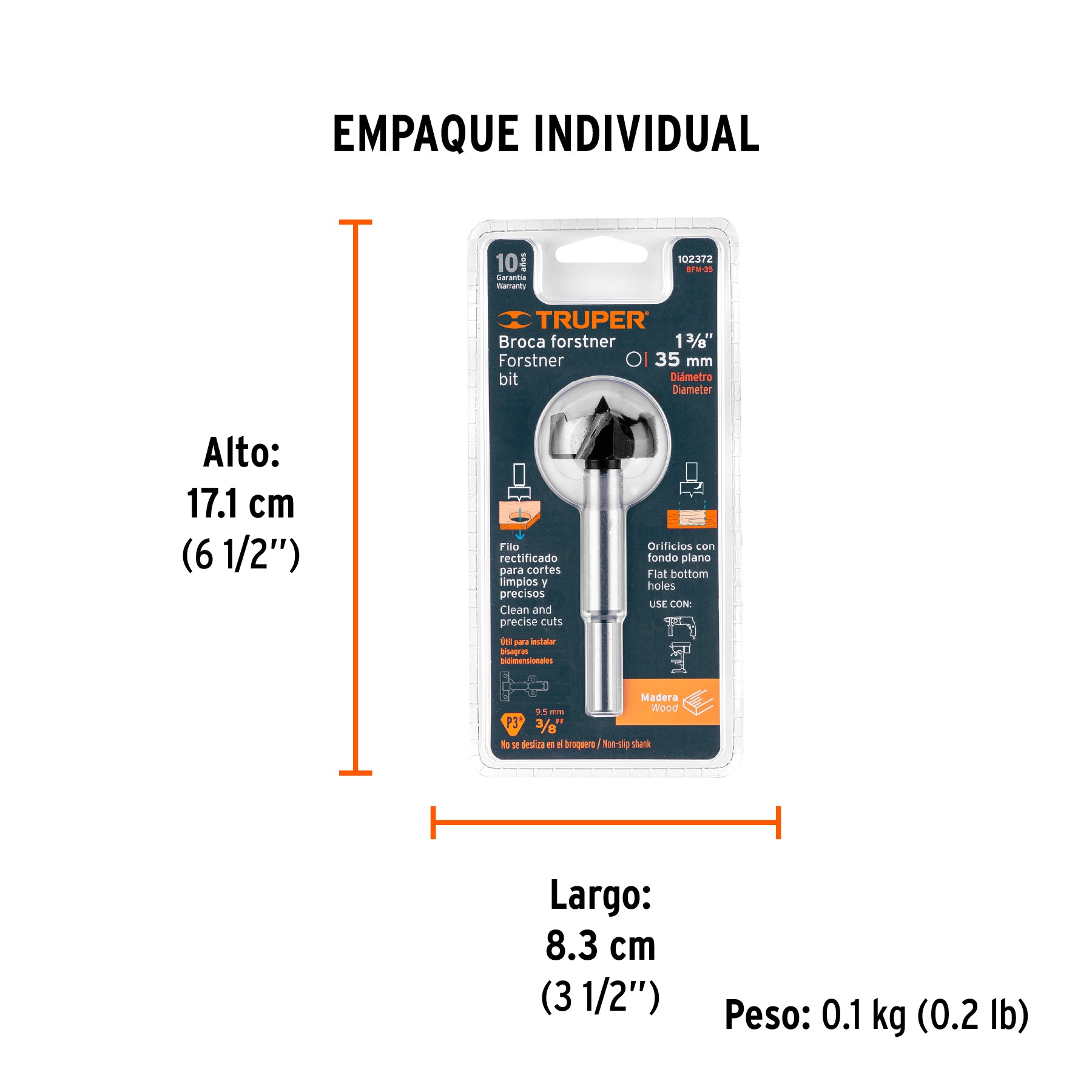 Broca forstner 35 mm para madera, TRUPER - Empaque