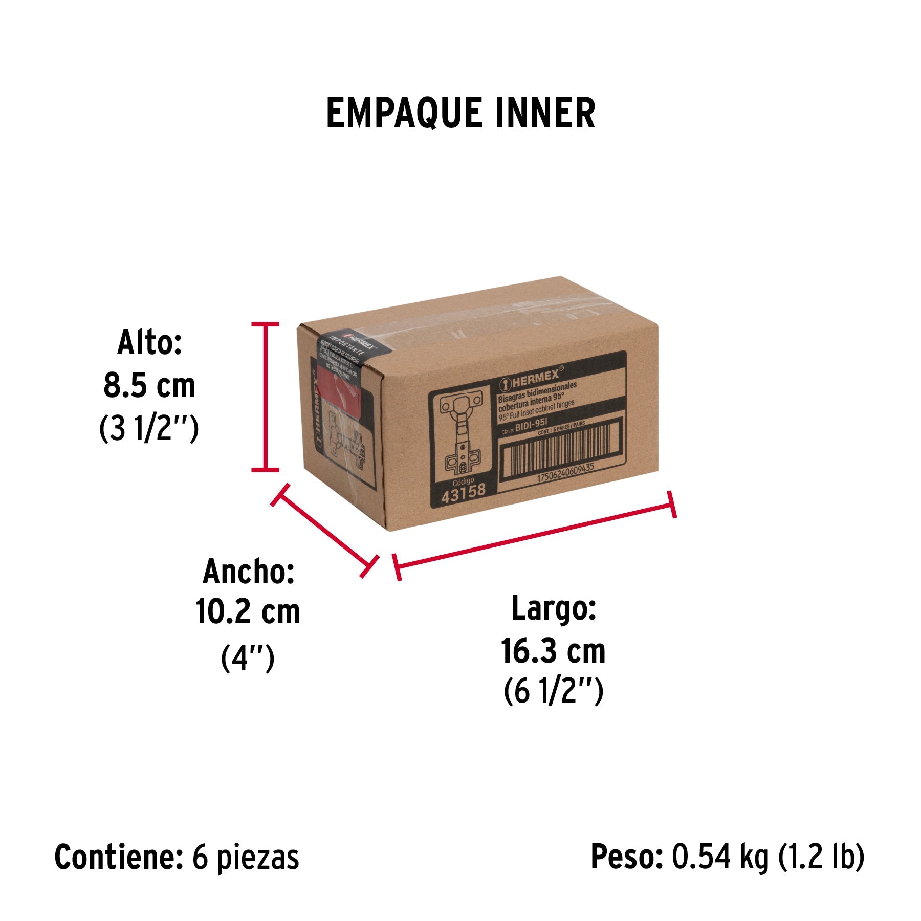 2 bisagras bidimensionales 95°, cobertura interna, HERMEX - Empaque