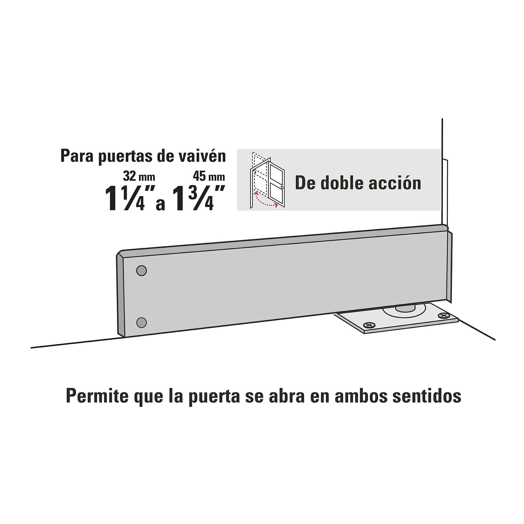 Bisagra de piso doble acción, acero cromado, HERMEX