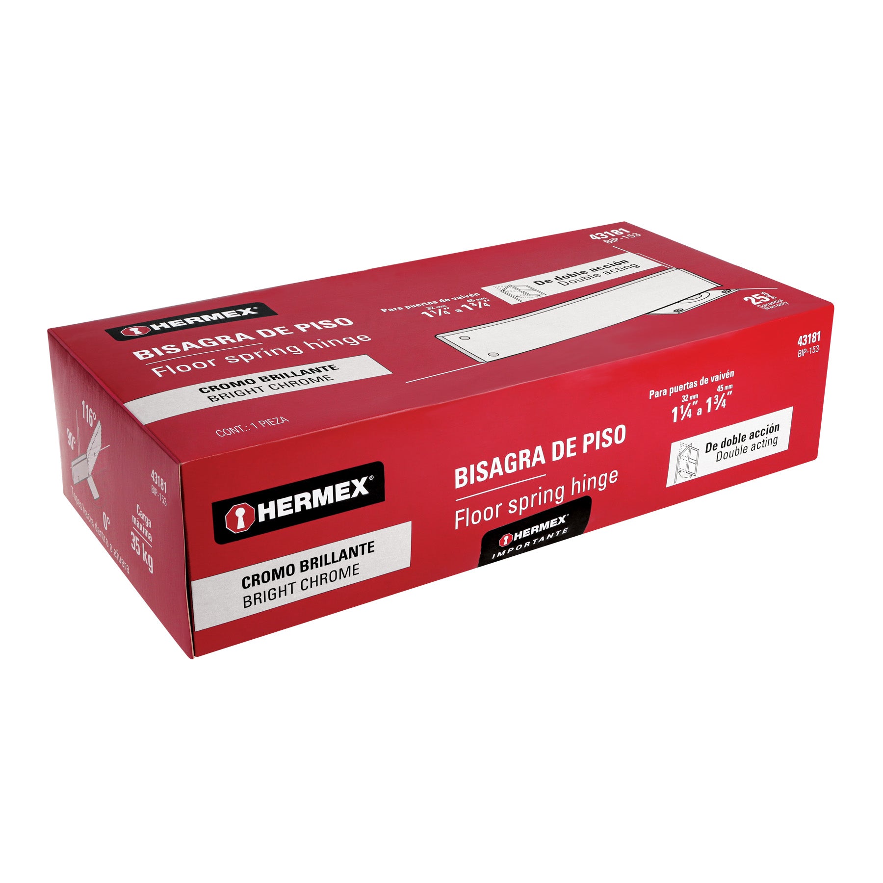 Bisagra de piso doble acción, acero cromado, HERMEX
