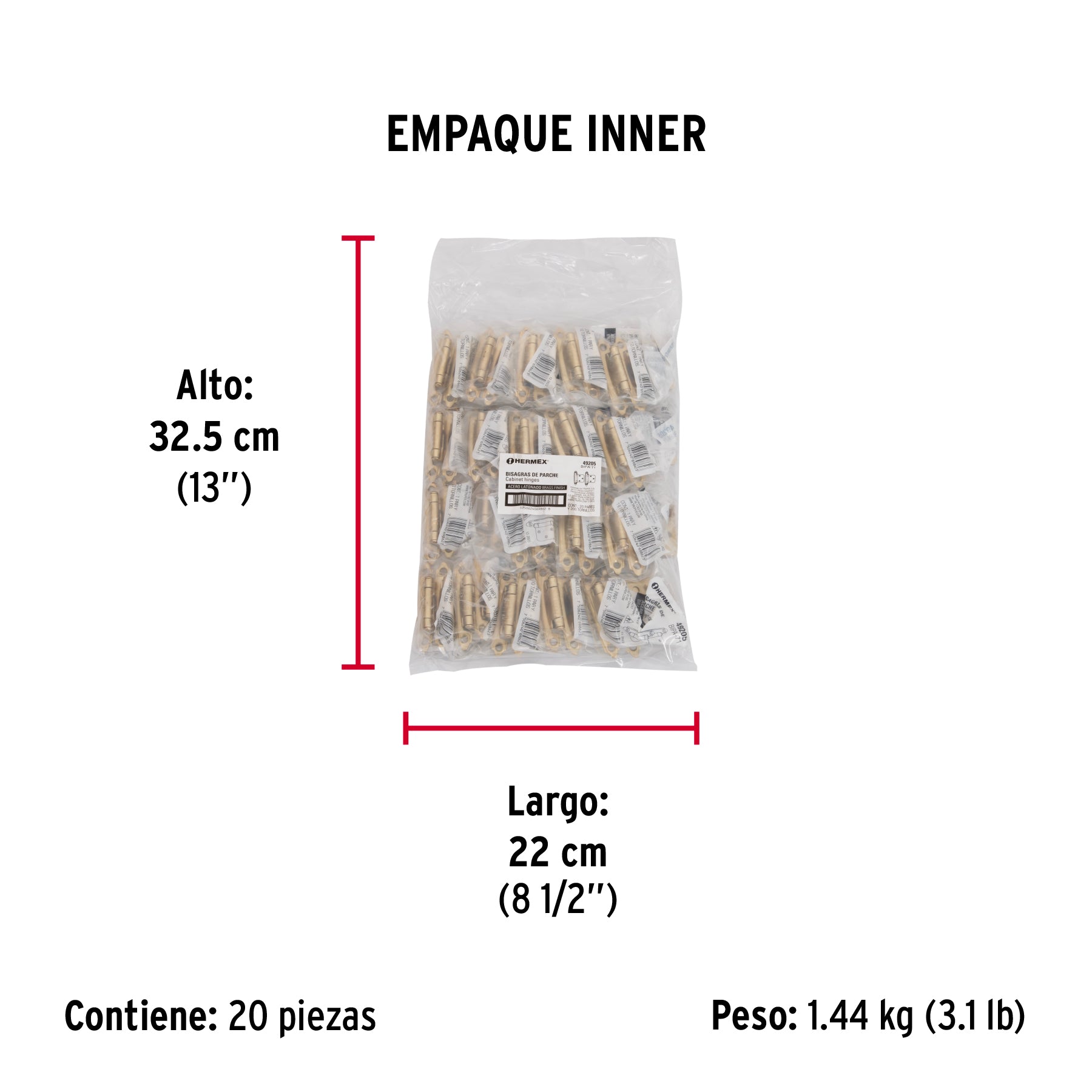 Bolsa con 2 bisagras parche de 7cm, latonado, HERMEX - Empaque