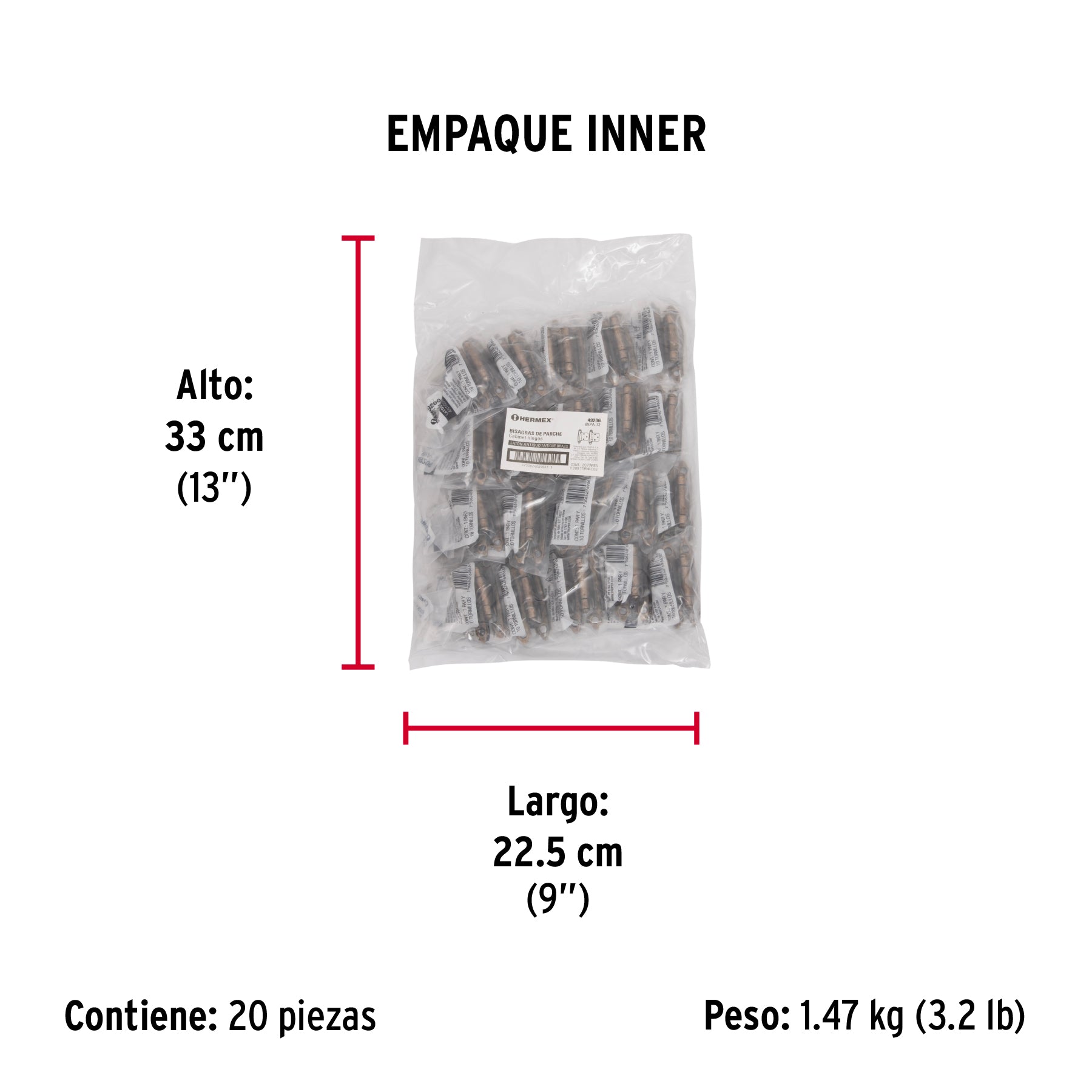 Bolsa con 2 bisagras parche de 7cm, latón antiguo, HERMEX - Empaque