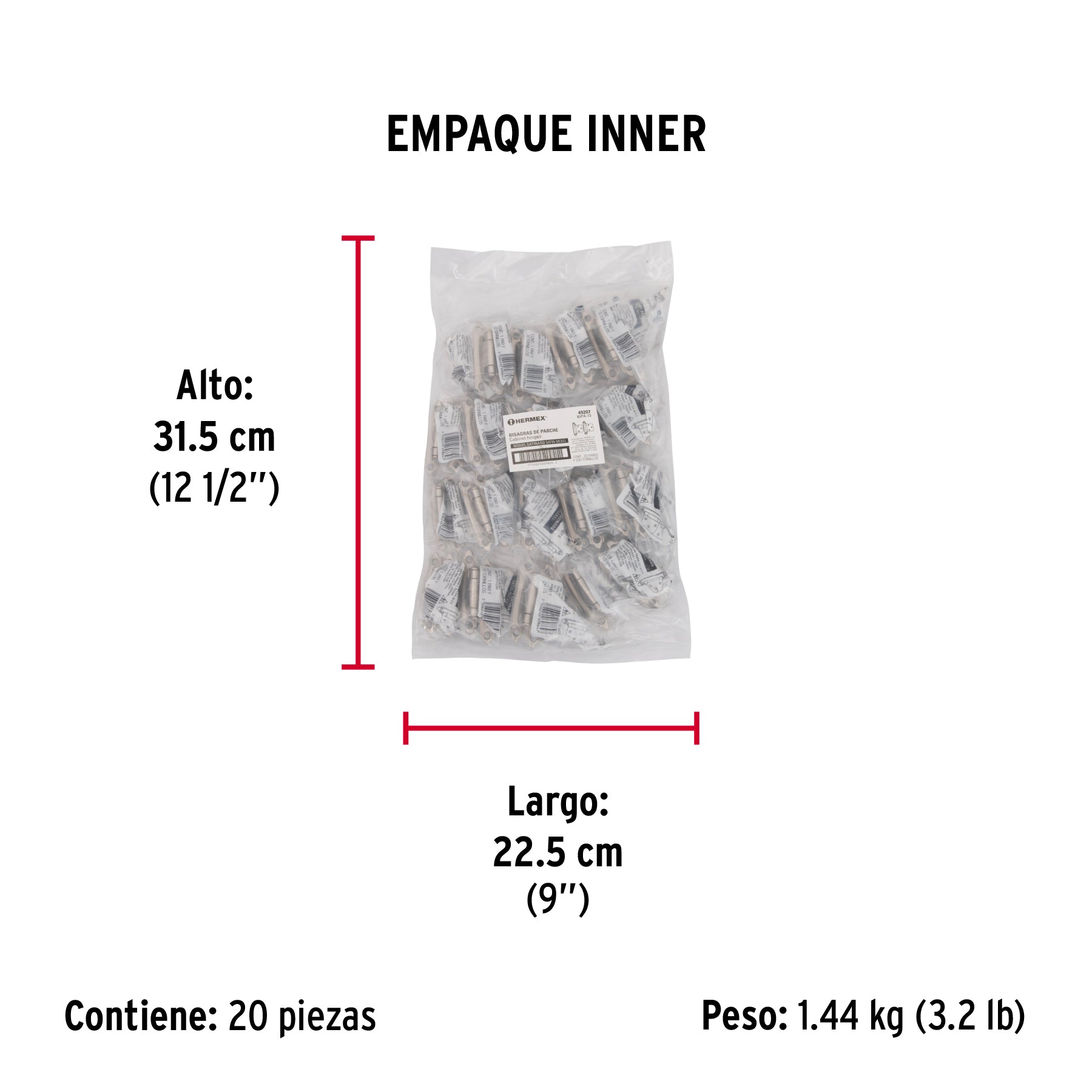 Bolsa con 2 bisagras parche de 7cm, niquelado, HERMEX - Empaque