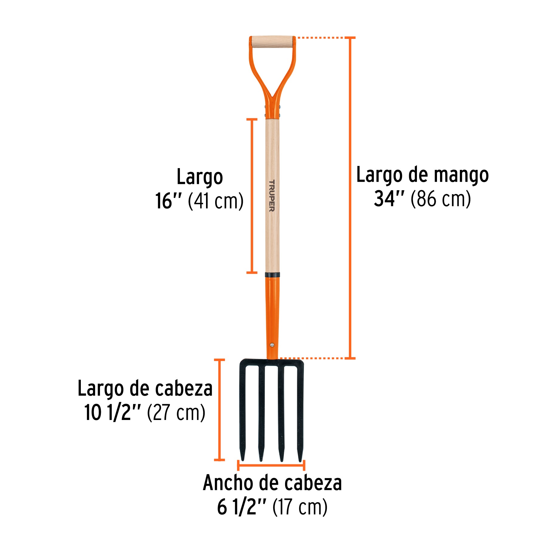 Bieldo para jardín, 4 dientes, mgo 34", puño "Y", TRUPER