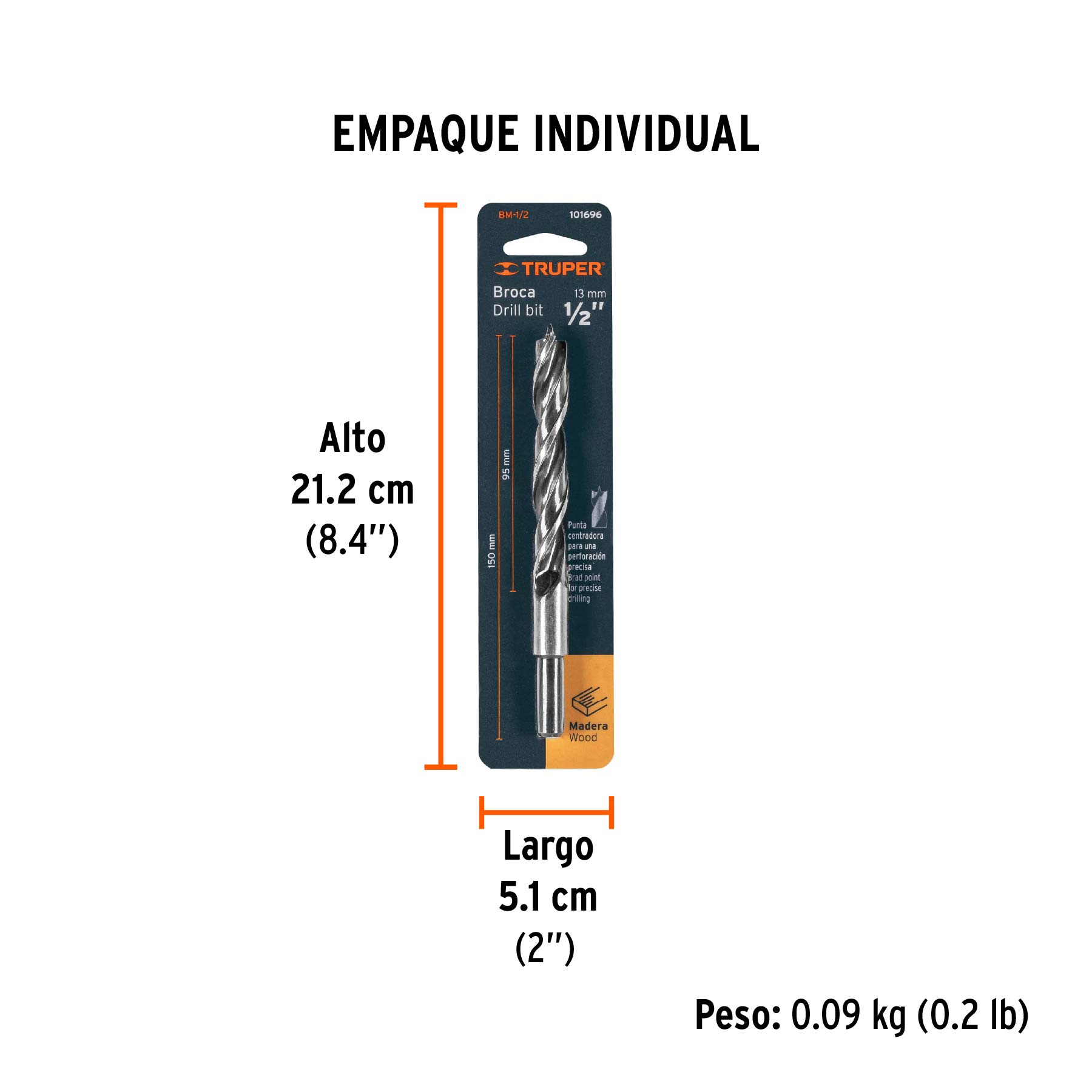Broca con punta centradora para madera 1/2", TRUPER - Empaque