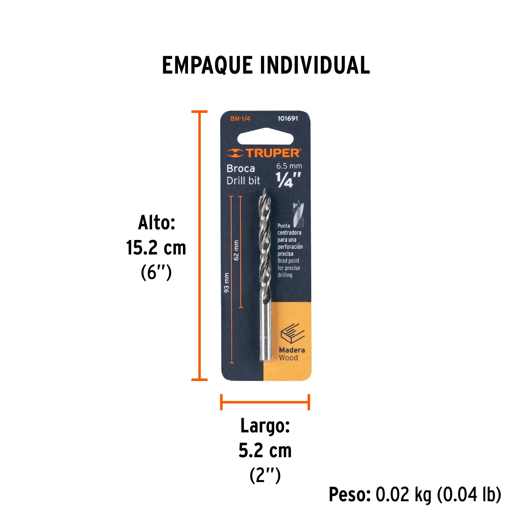 Broca con punta centradora para madera 1/4", TRUPER - Empaque