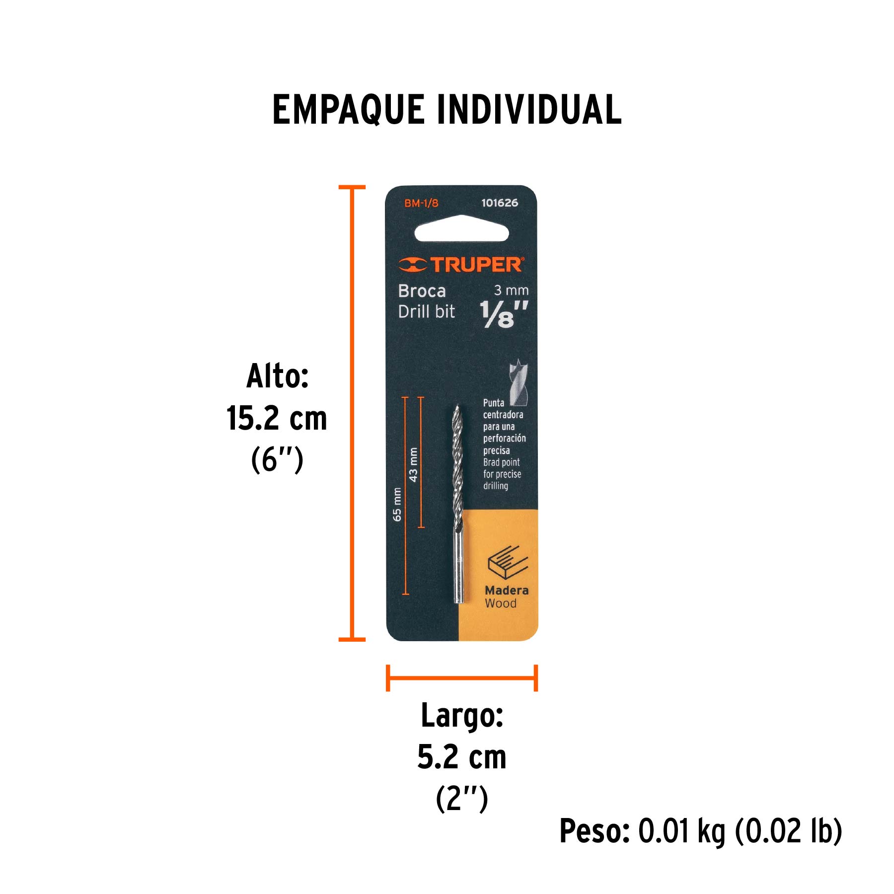 Broca con punta centradora para madera 1/8", TRUPER - Empaque