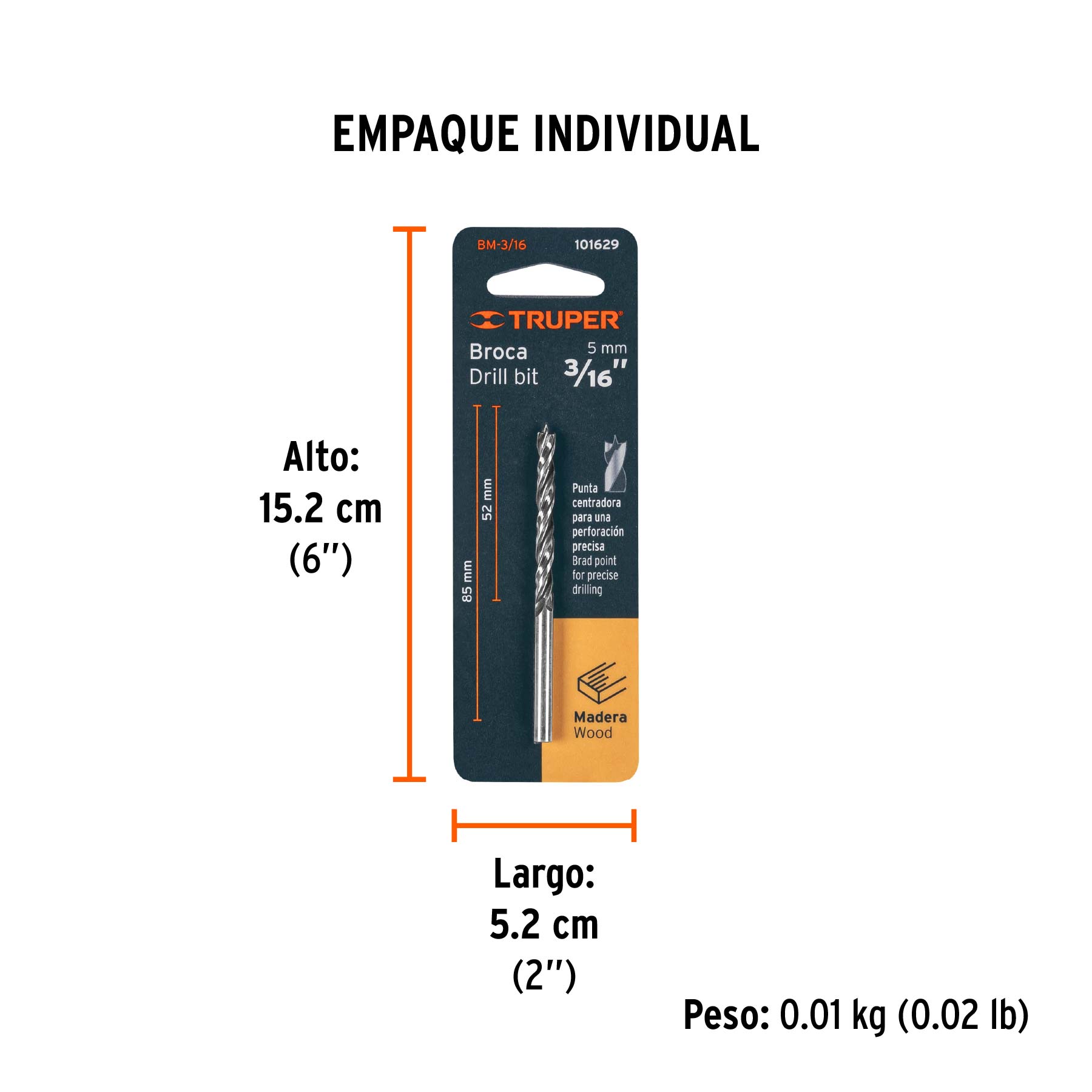 Broca con punta centradora para madera 3/16", TRUPER - Empaque