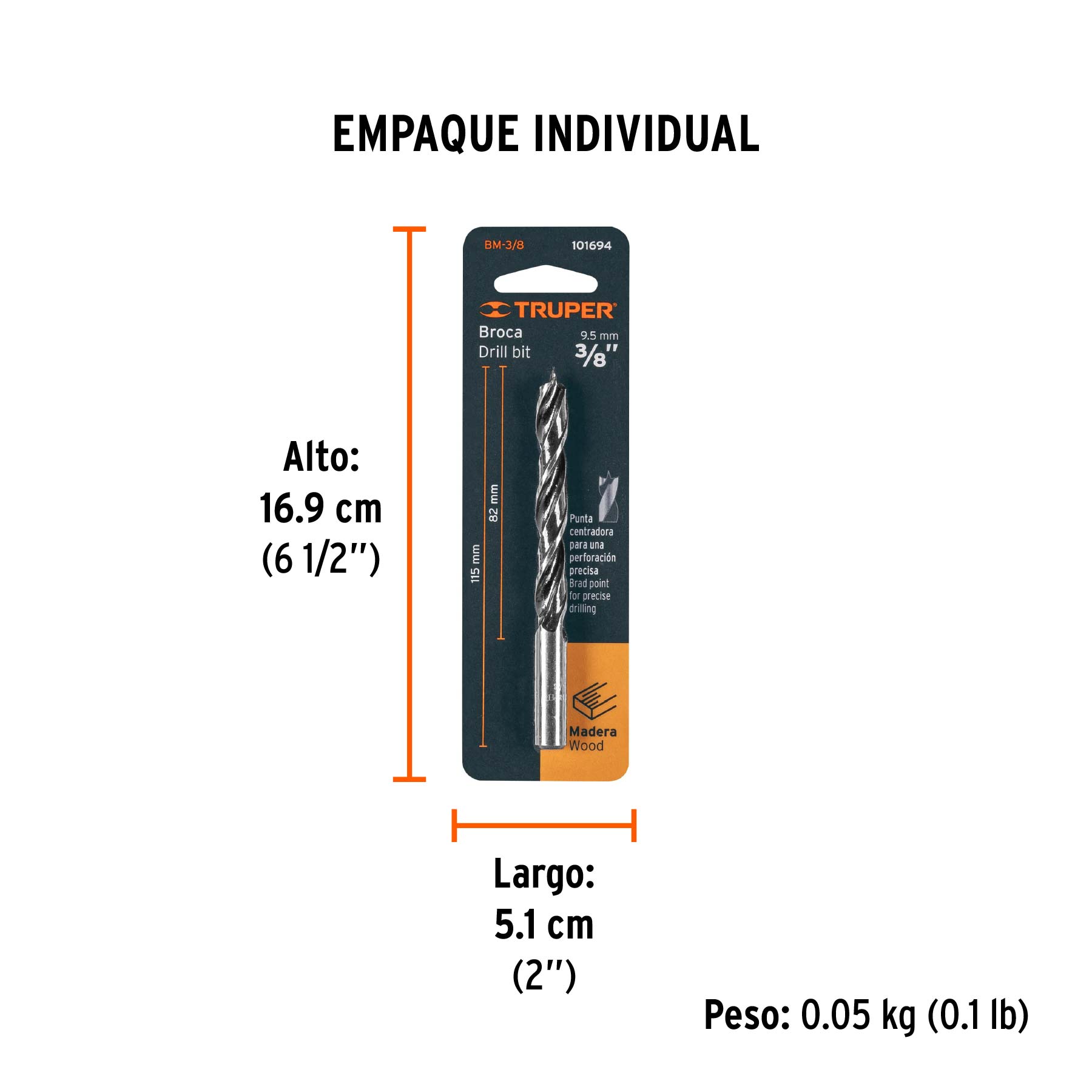 Broca con punta centradora para madera 3/8", TRUPER - Empaque