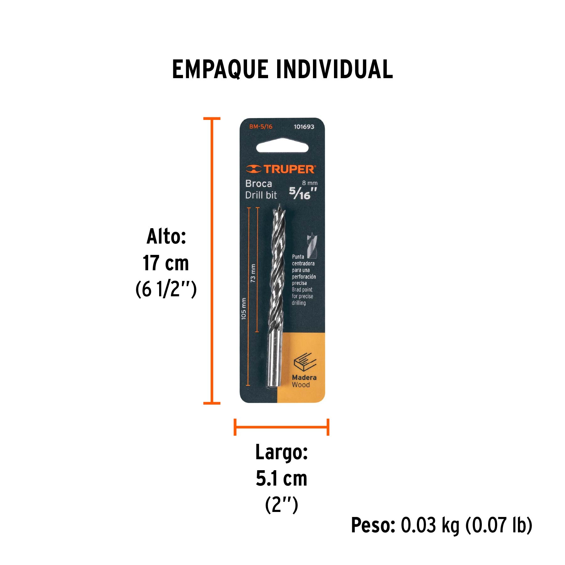 Broca con punta centradora para madera 5/16", TRUPER - Empaque