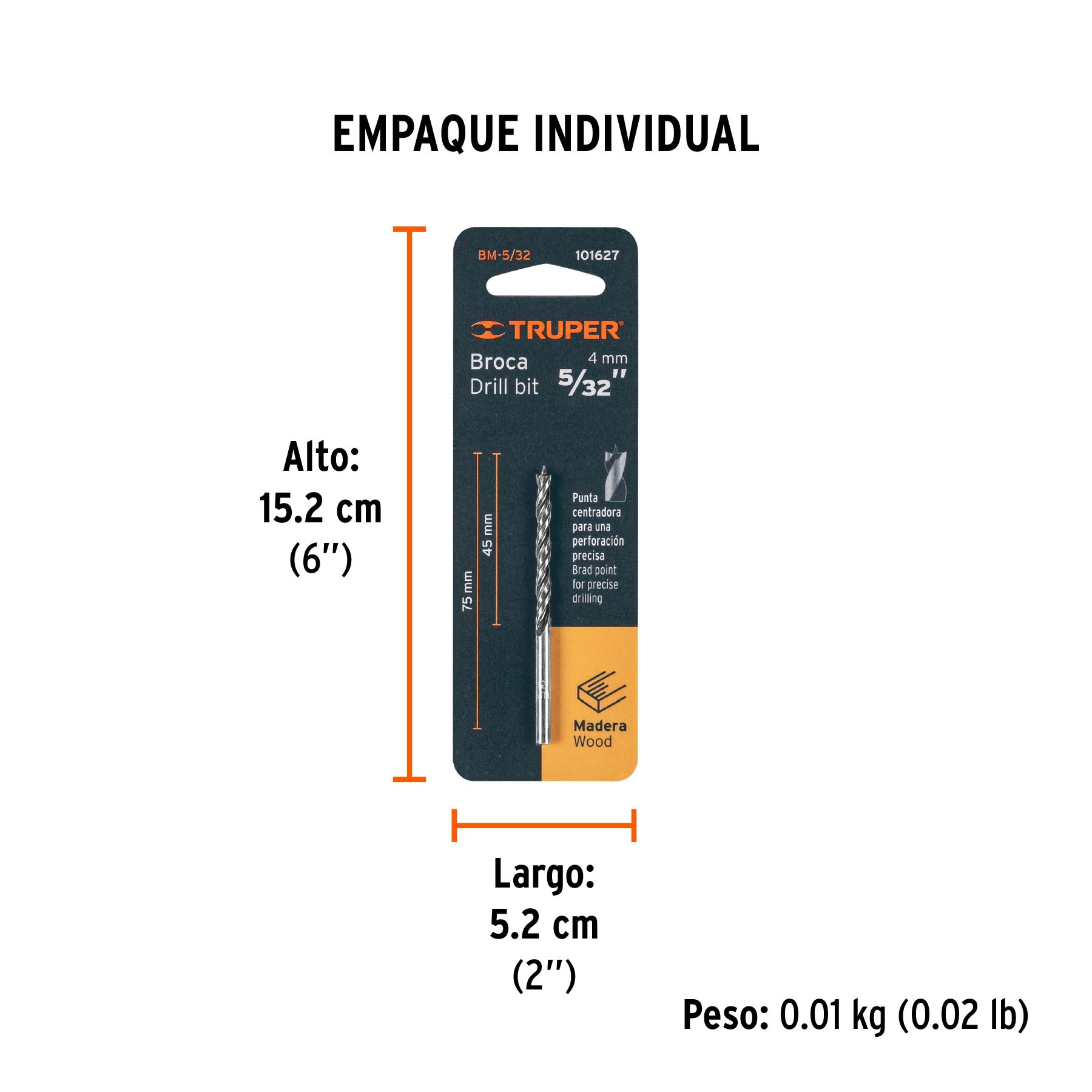 Broca con punta centradora para madera 5/32", TRUPER - Empaque
