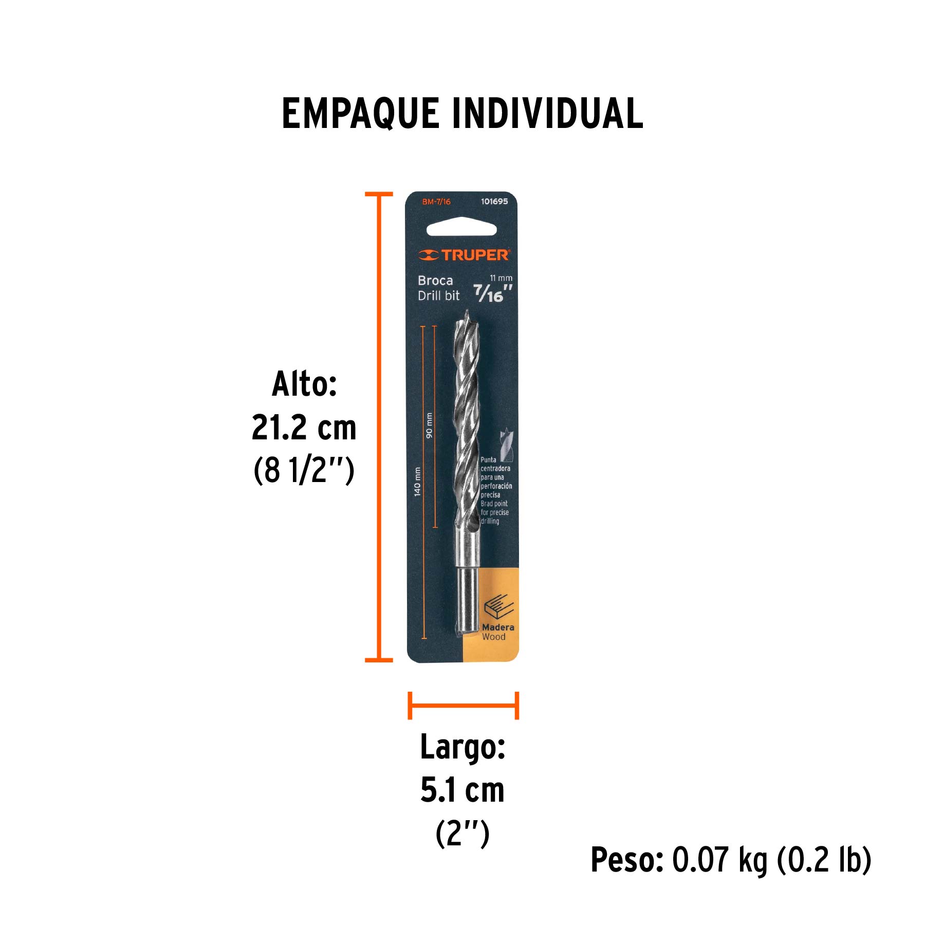 Broca con punta centradora para madera 7/16", TRUPER - Empaque