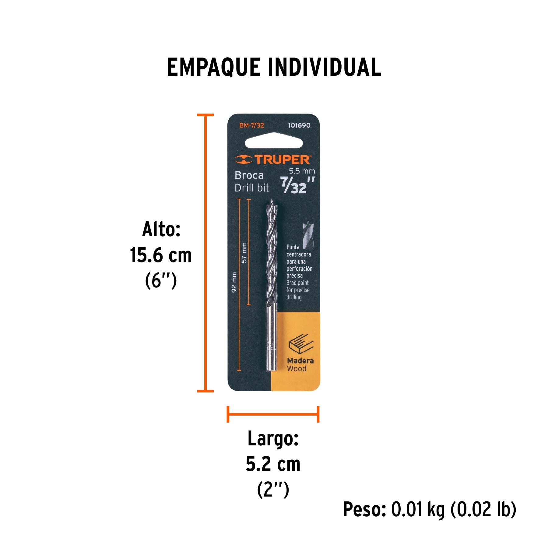 Broca con punta centradora para madera 7/32", TRUPER - Empaque