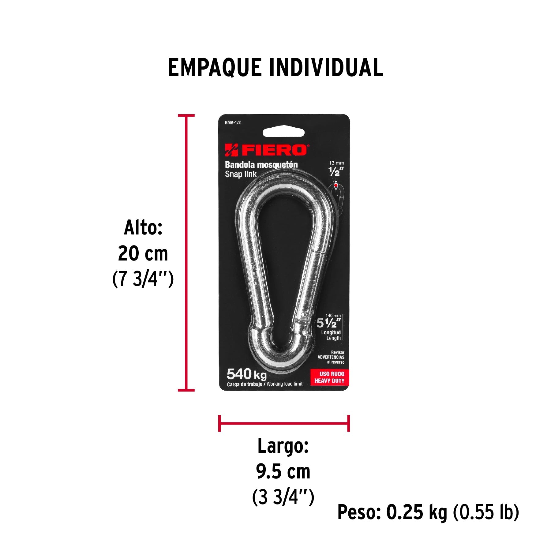 Bandola mosquetón de acero 1/2", FIERO - Empaque