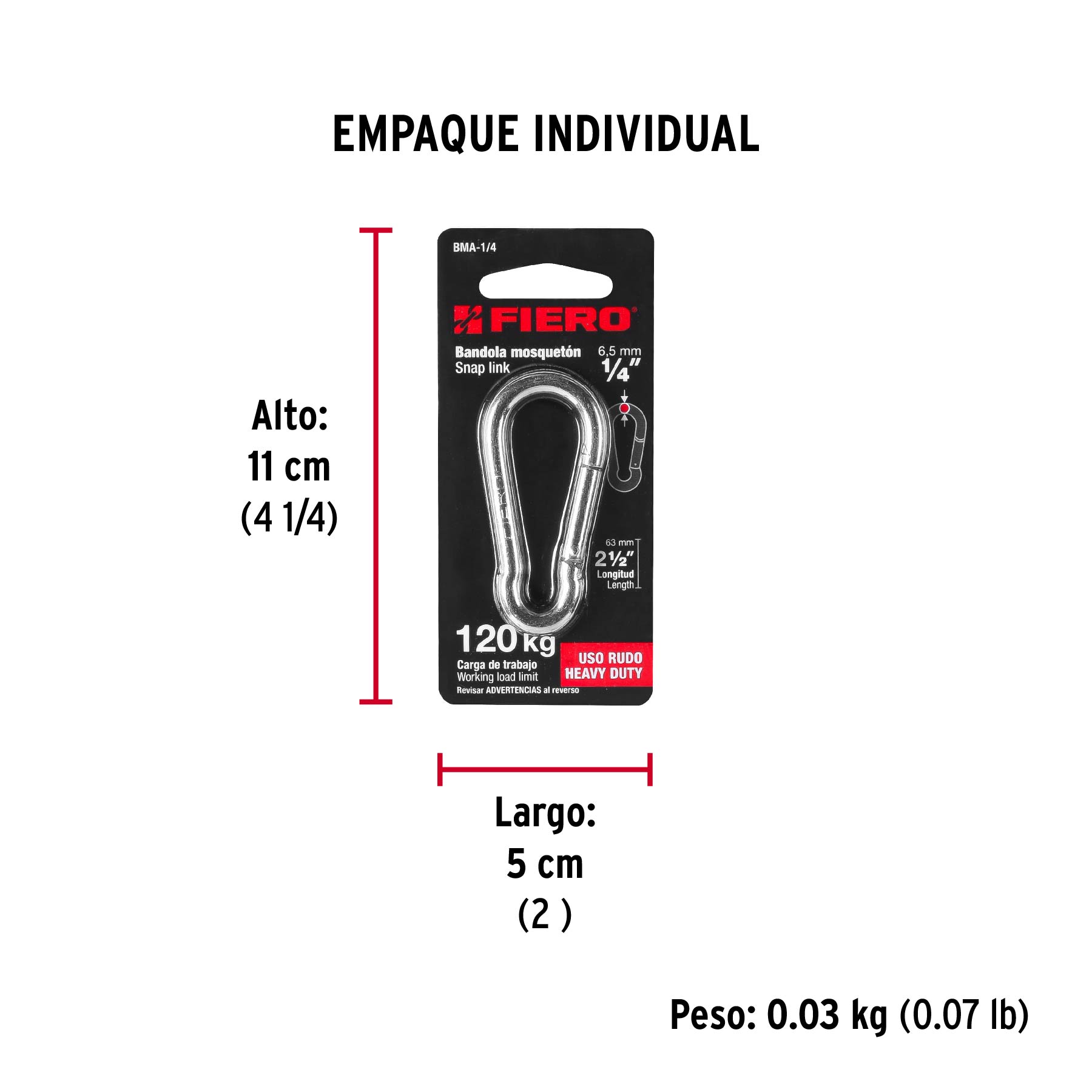Bandola mosquetón de acero 1/4", FIERO - Empaque