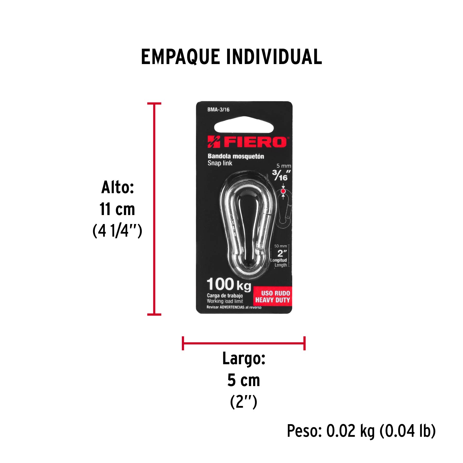 Bandola mosquetón de acero 3/16", FIERO - Empaque