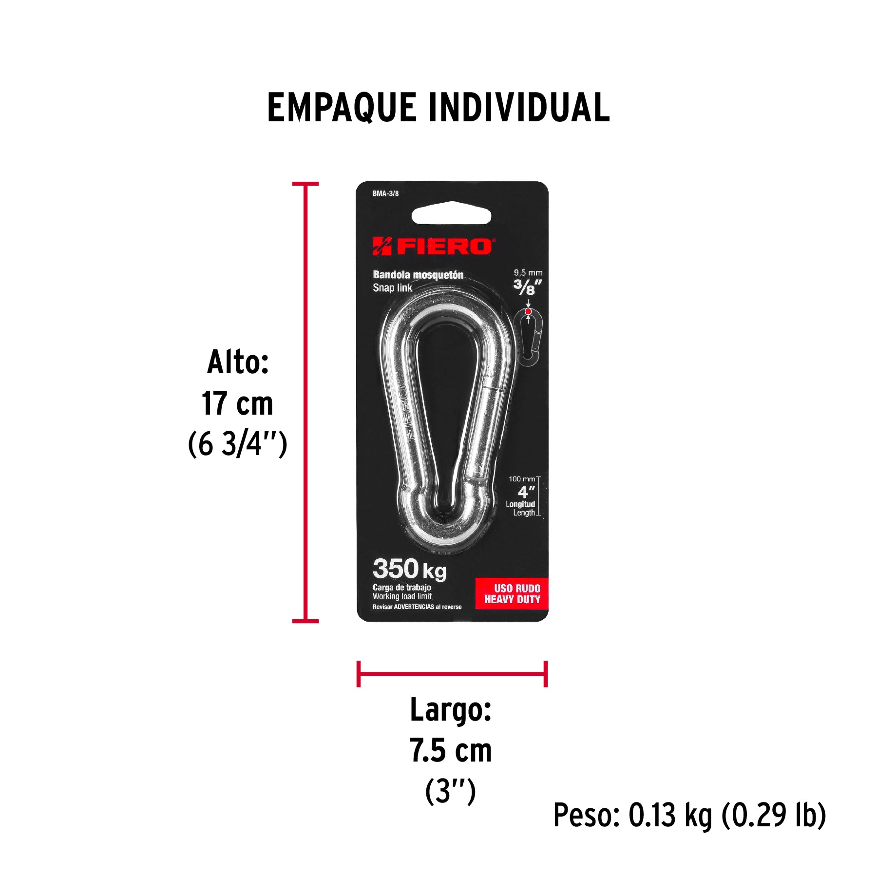 Bandola mosquetón de acero 3/8", FIERO - Empaque