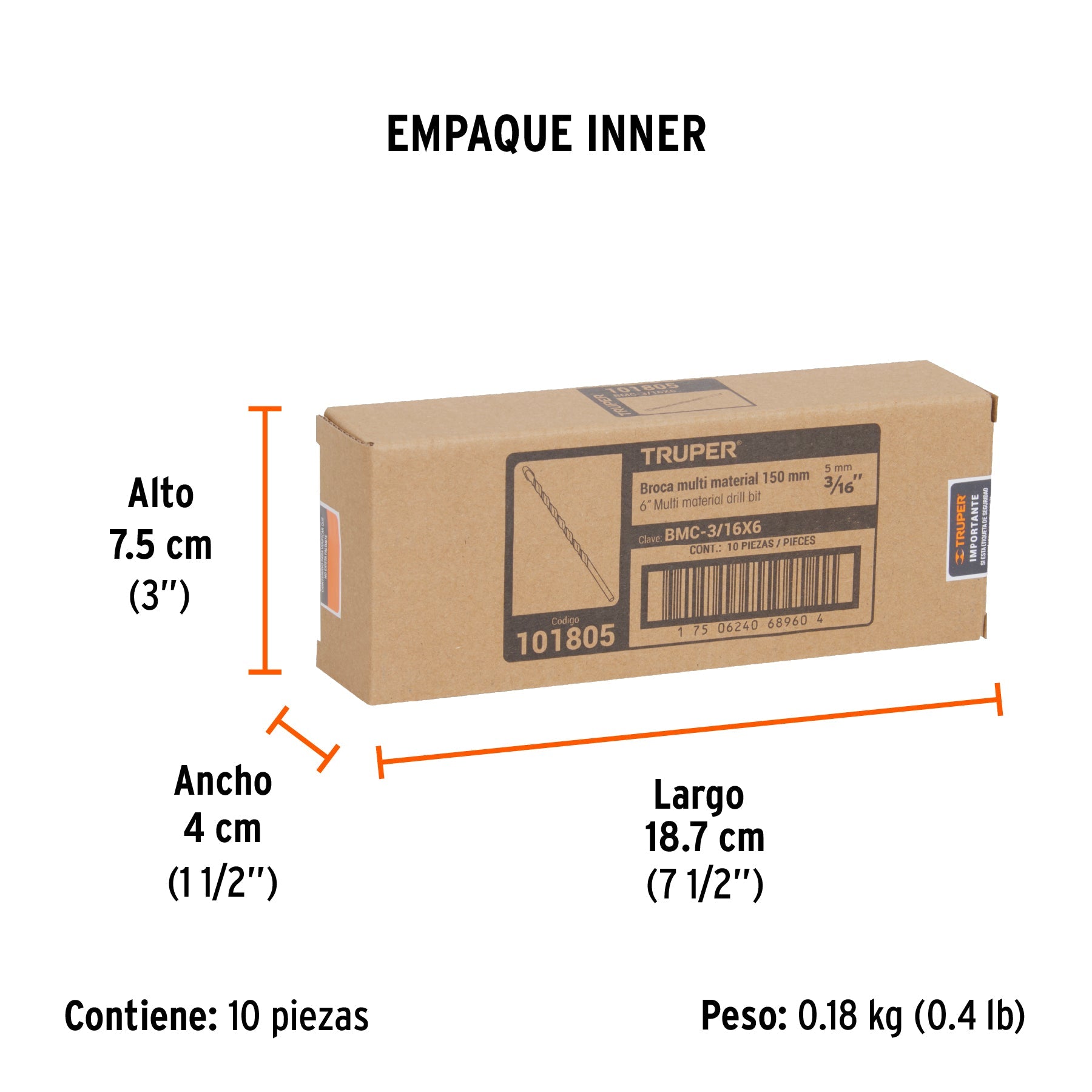 Broca multimaterial 3/16 x 6", TRUPER - Empaque