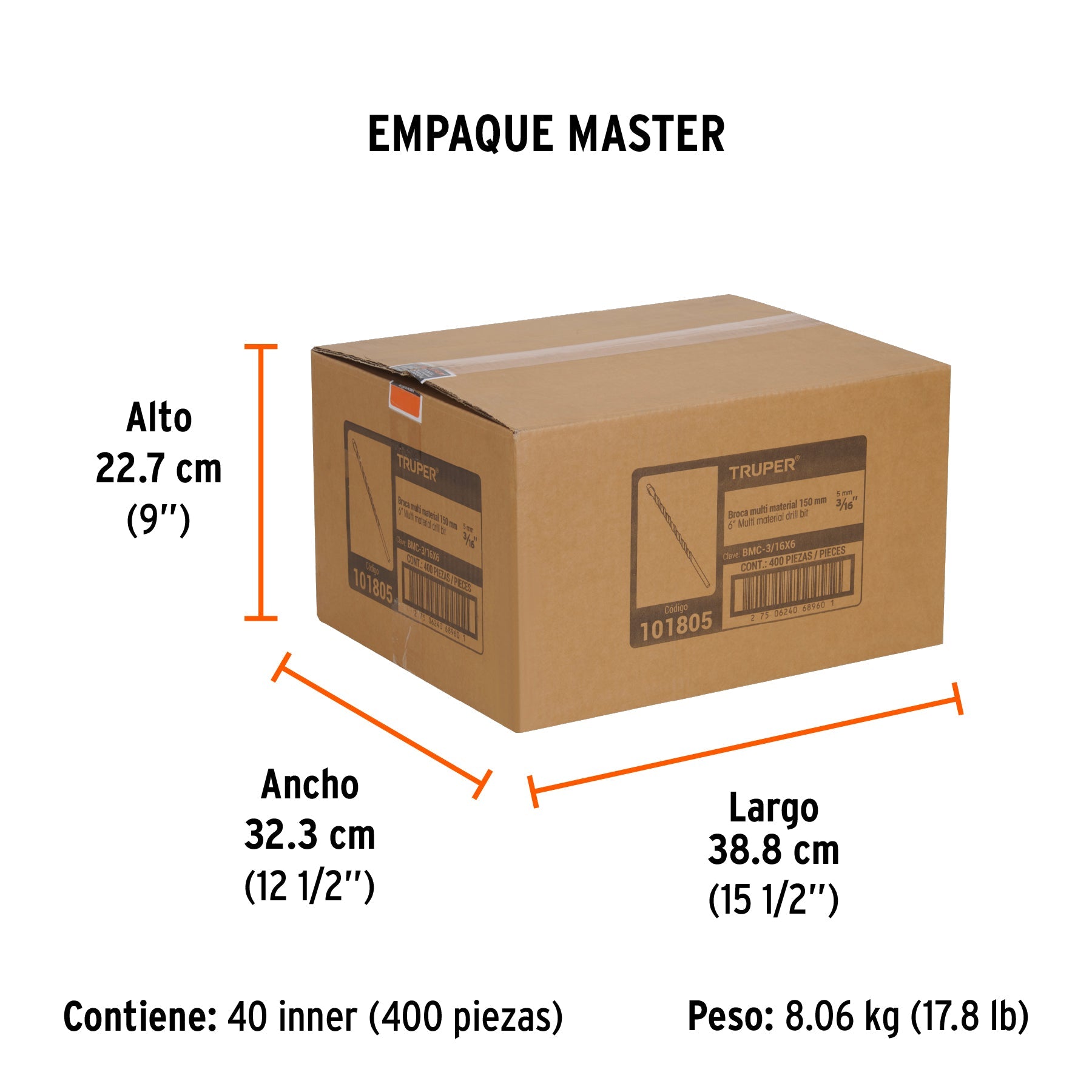 Broca multimaterial 3/16 x 6", TRUPER - Empaque