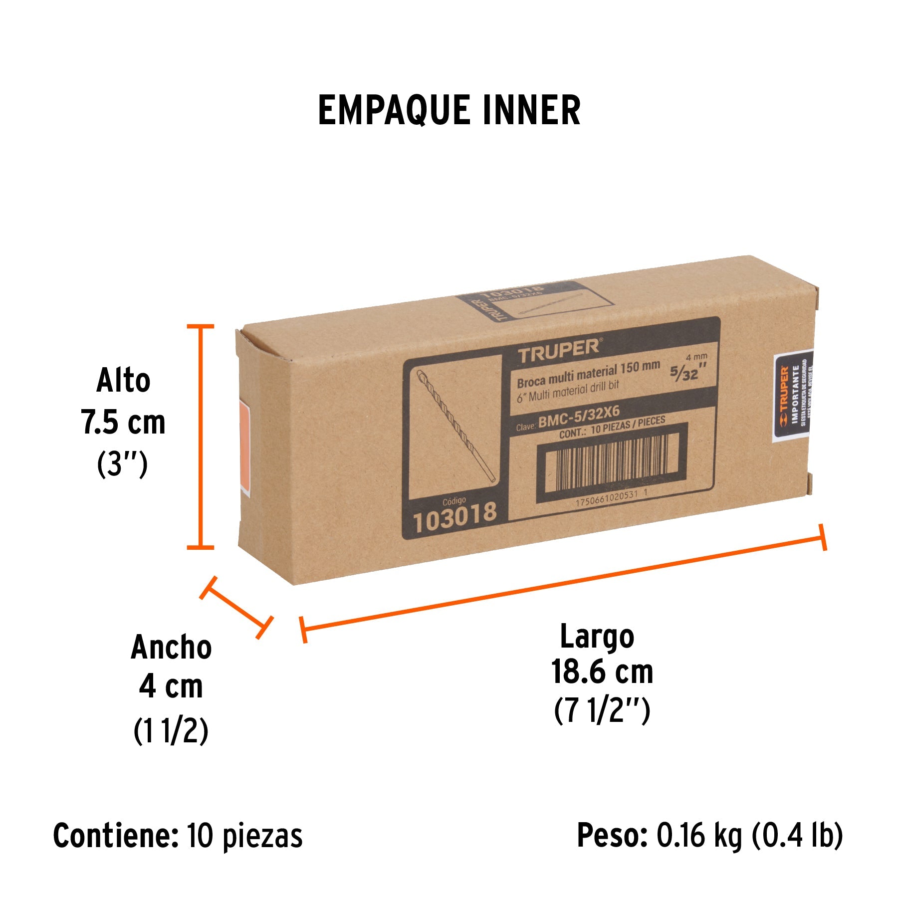 Broca multimaterial 5/32 x 6", TRUPER - Empaque
