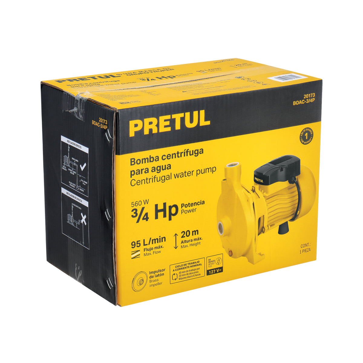 Bomba centrífuga para agua modelo europeo, 3/4 HP, PRETUL