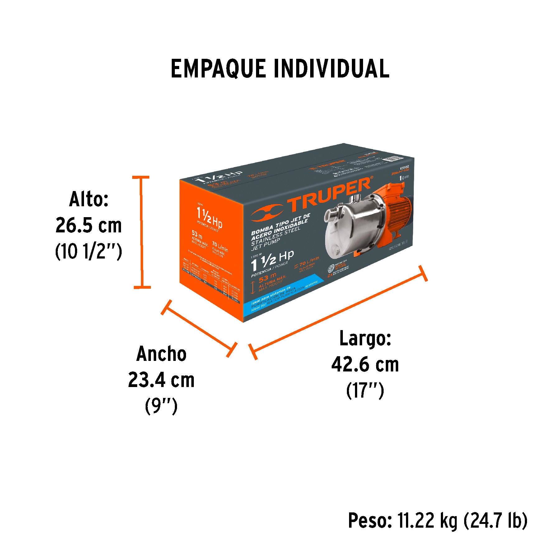 Bomba tipo jet, cabezal de acero inoxidable,1-1/2 HP, TRUPER - Empaque