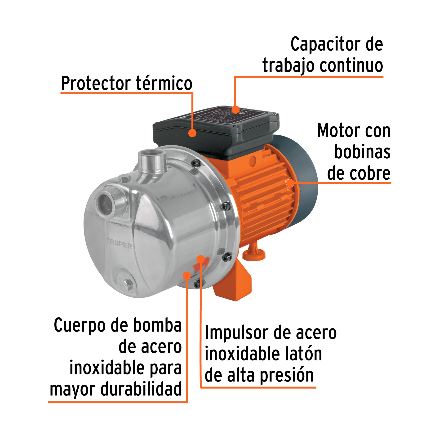 Bomba tipo jet, cabezal de acero inoxidable,1-1/2 HP, TRUPER