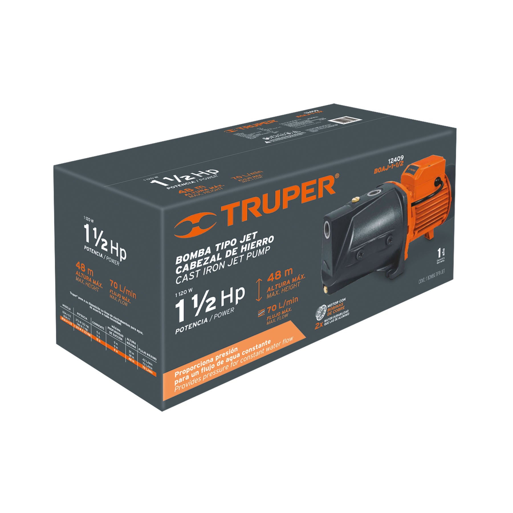 Bomba tipo jet, cabezal de hierro, 1-1/2 HP, TRUPER