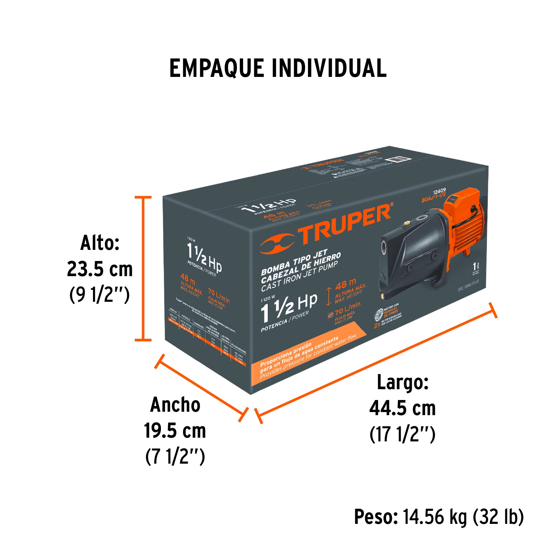 Bomba tipo jet, cabezal de hierro, 1-1/2 HP, TRUPER - Empaque