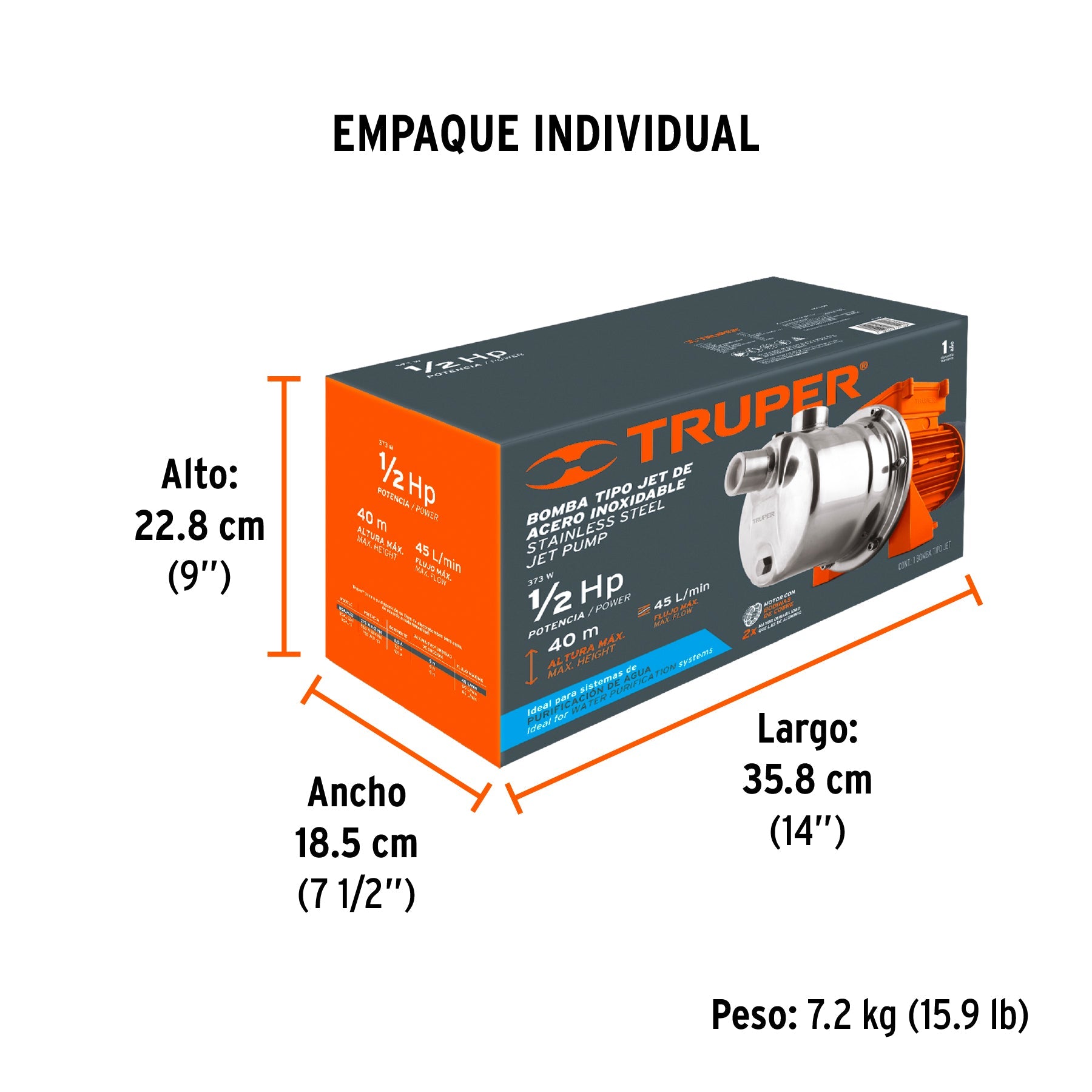 Bomba tipo jet, cabezal de acero inoxidable, 1/2 HP, TRUPER - Empaque