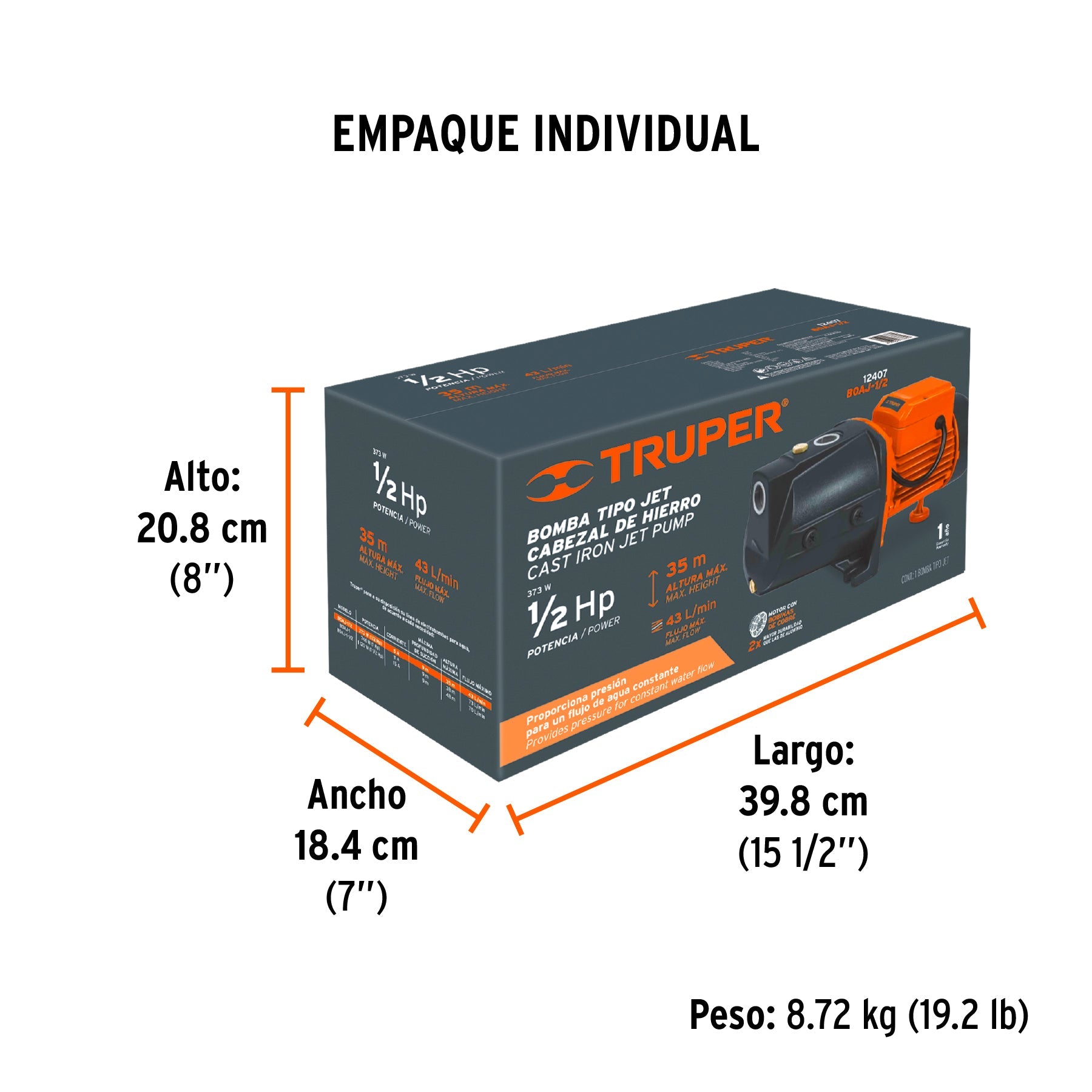 Bomba tipo jet, cabezal de hierro, 1/2 HP, TRUPER - Empaque