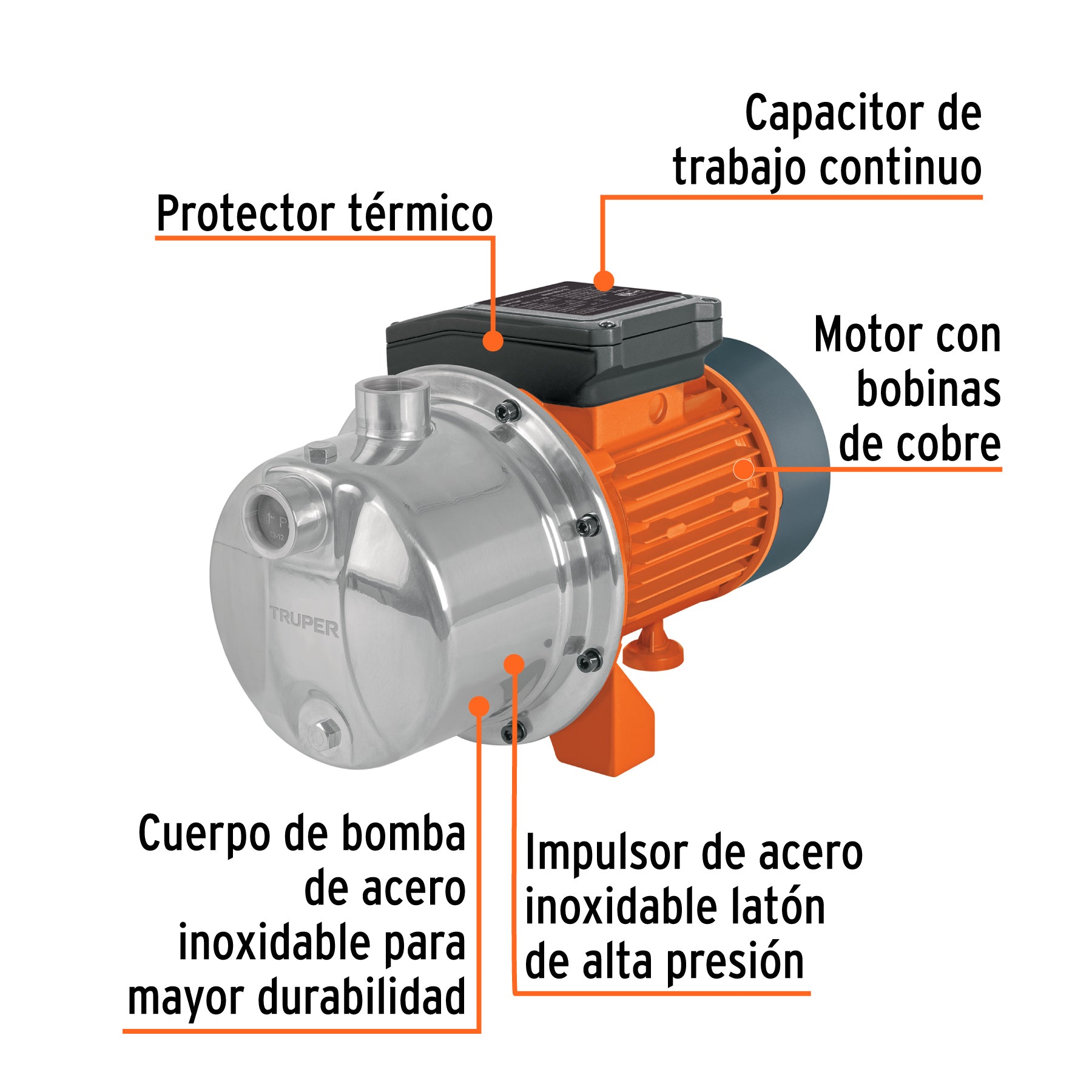 Bomba tipo jet, cabezal de acero inoxidable, 1 HP, TRUPER