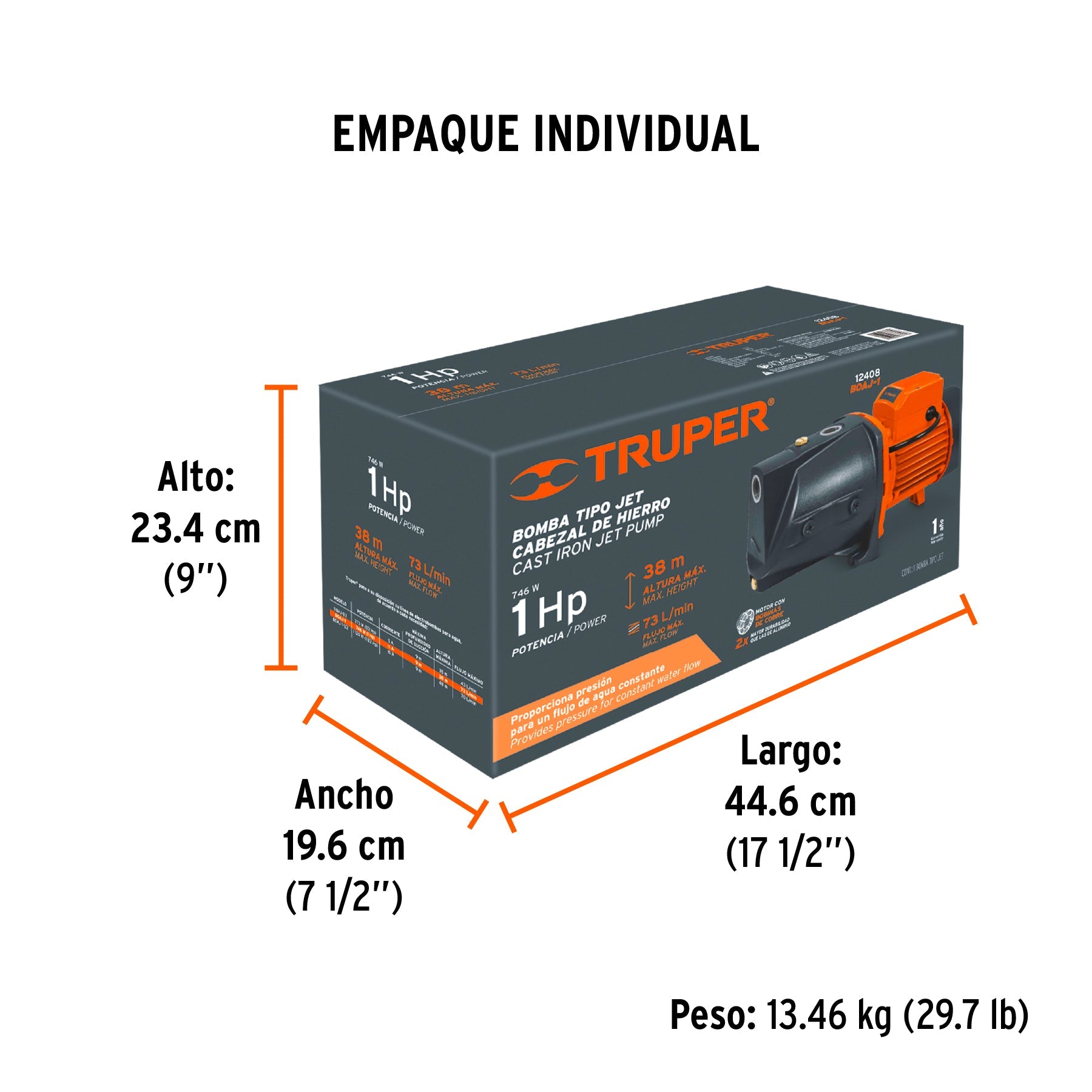 Bomba tipo jet, cabezal de hierro, 1 HP, TRUPER - Empaque