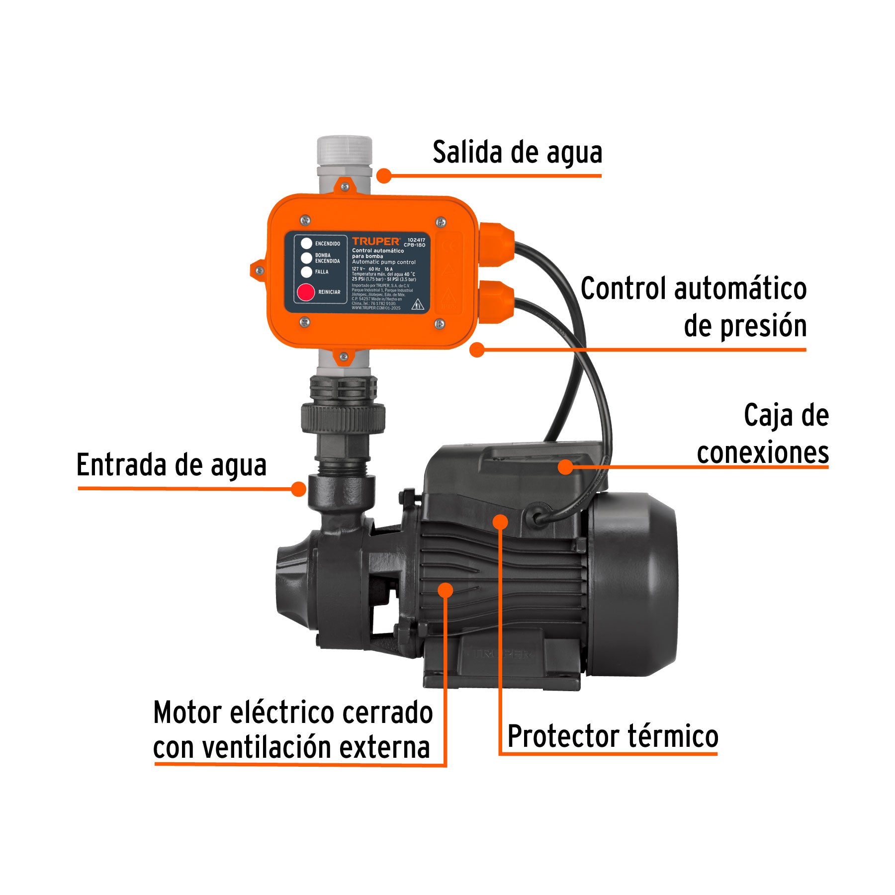 Bomba periférica 1/2HP, control auto, uso agrícola, TRUPER