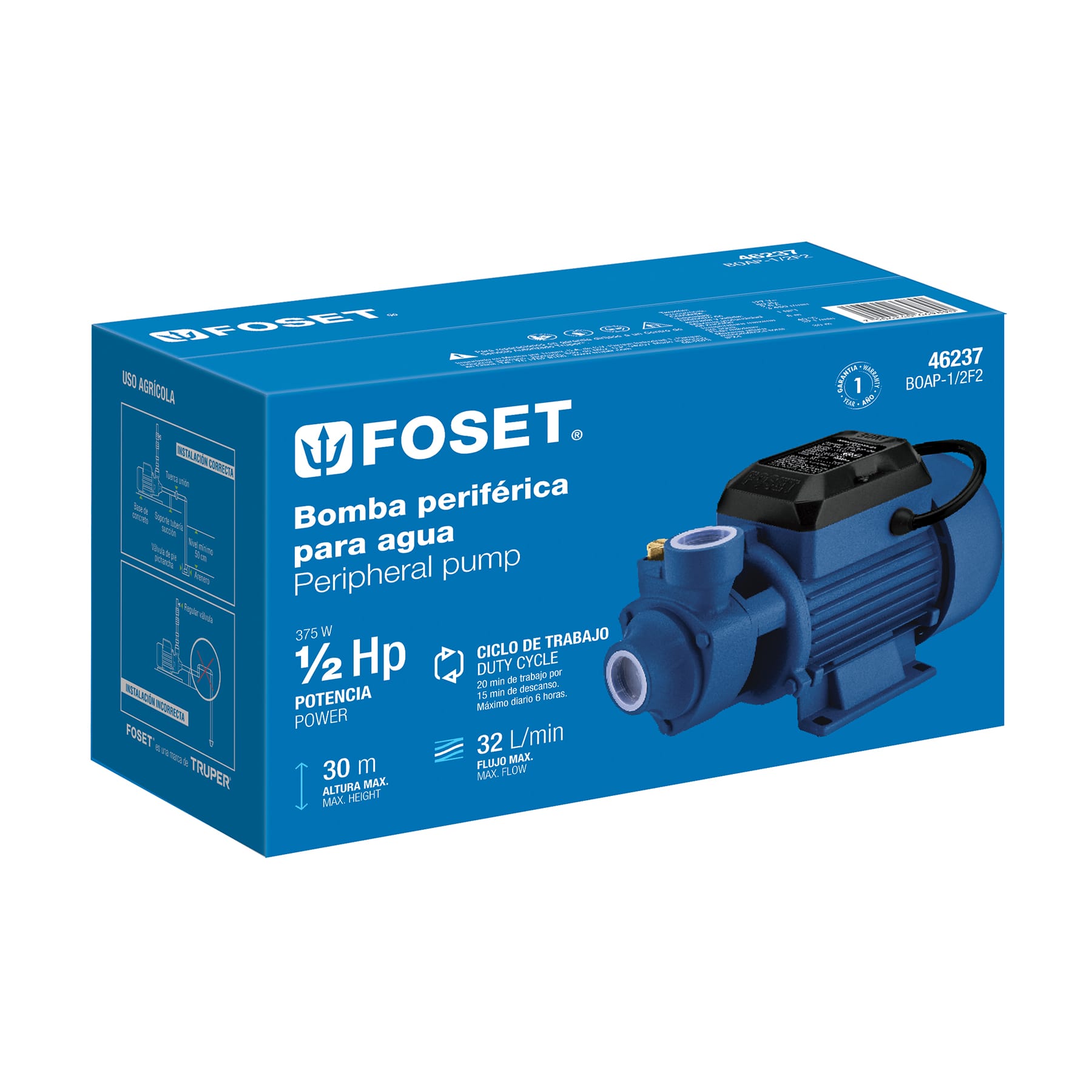 Bomba periférica 1/2HP, altura máx 30m, uso agrícola, FOSET