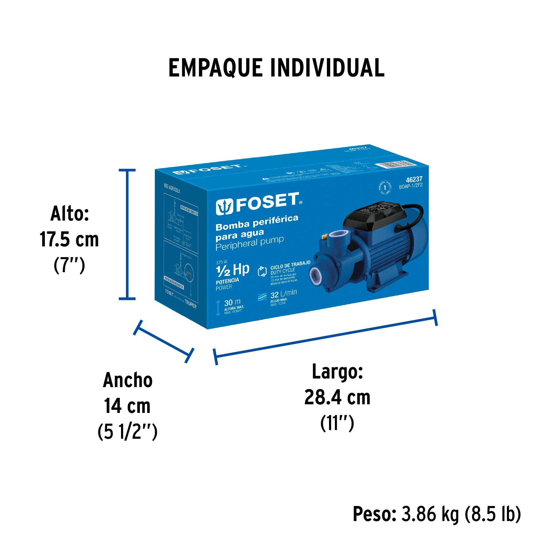 Bomba periférica 1/2HP, altura máx 30m, uso agrícola, FOSET - Empaque