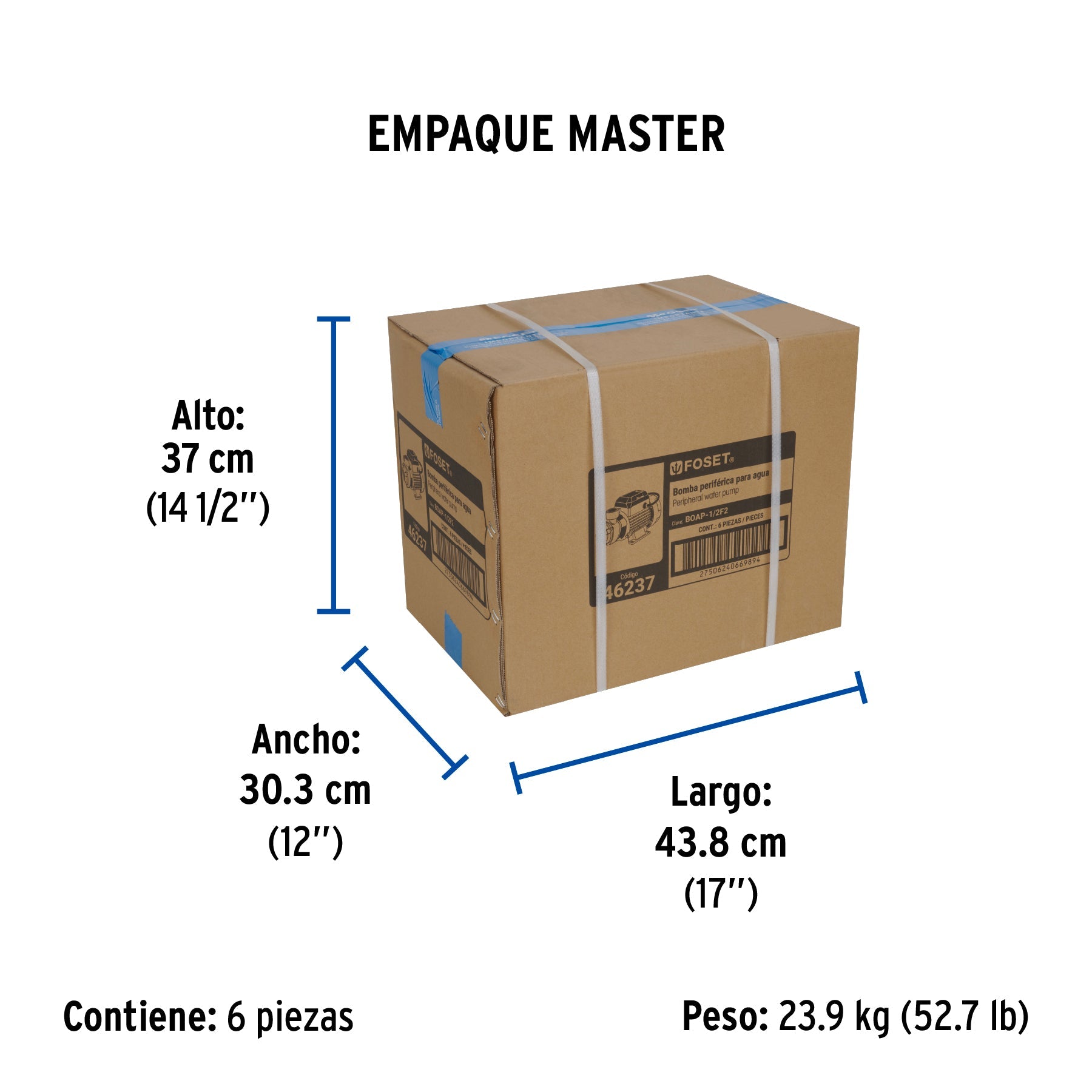 Bomba periférica 1/2HP, altura máx 30m, uso agrícola, FOSET - Empaque