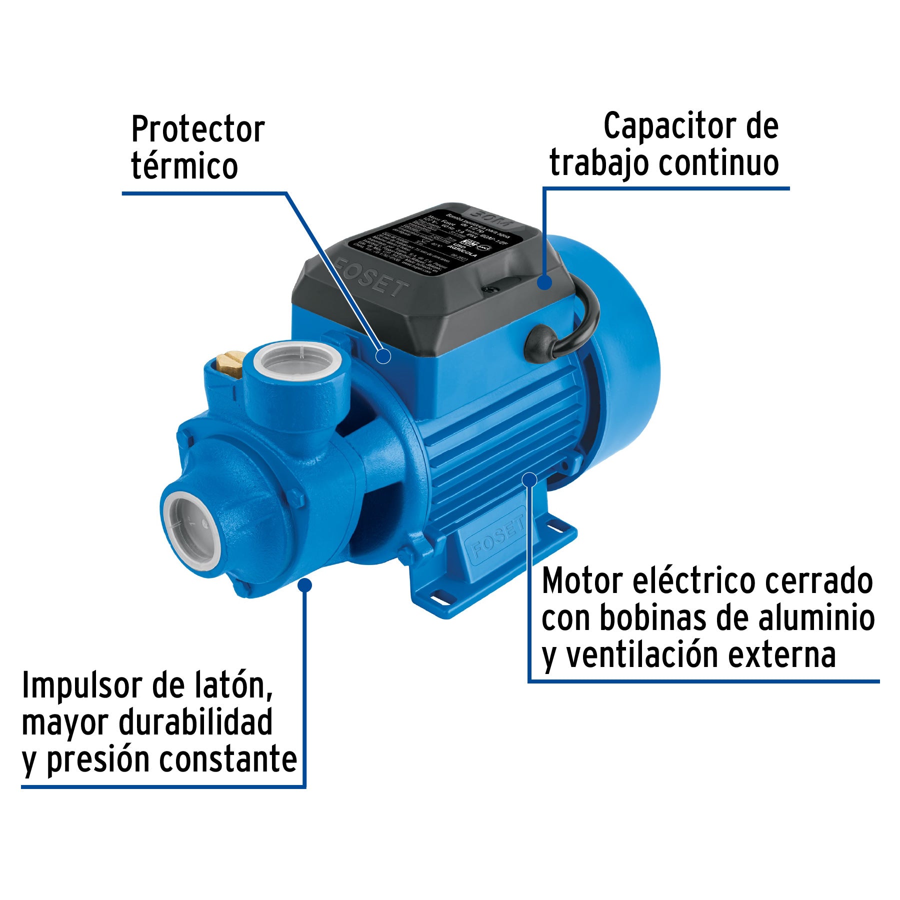 Bomba periférica 1/2HP, altura máx 30m, uso agrícola, FOSET