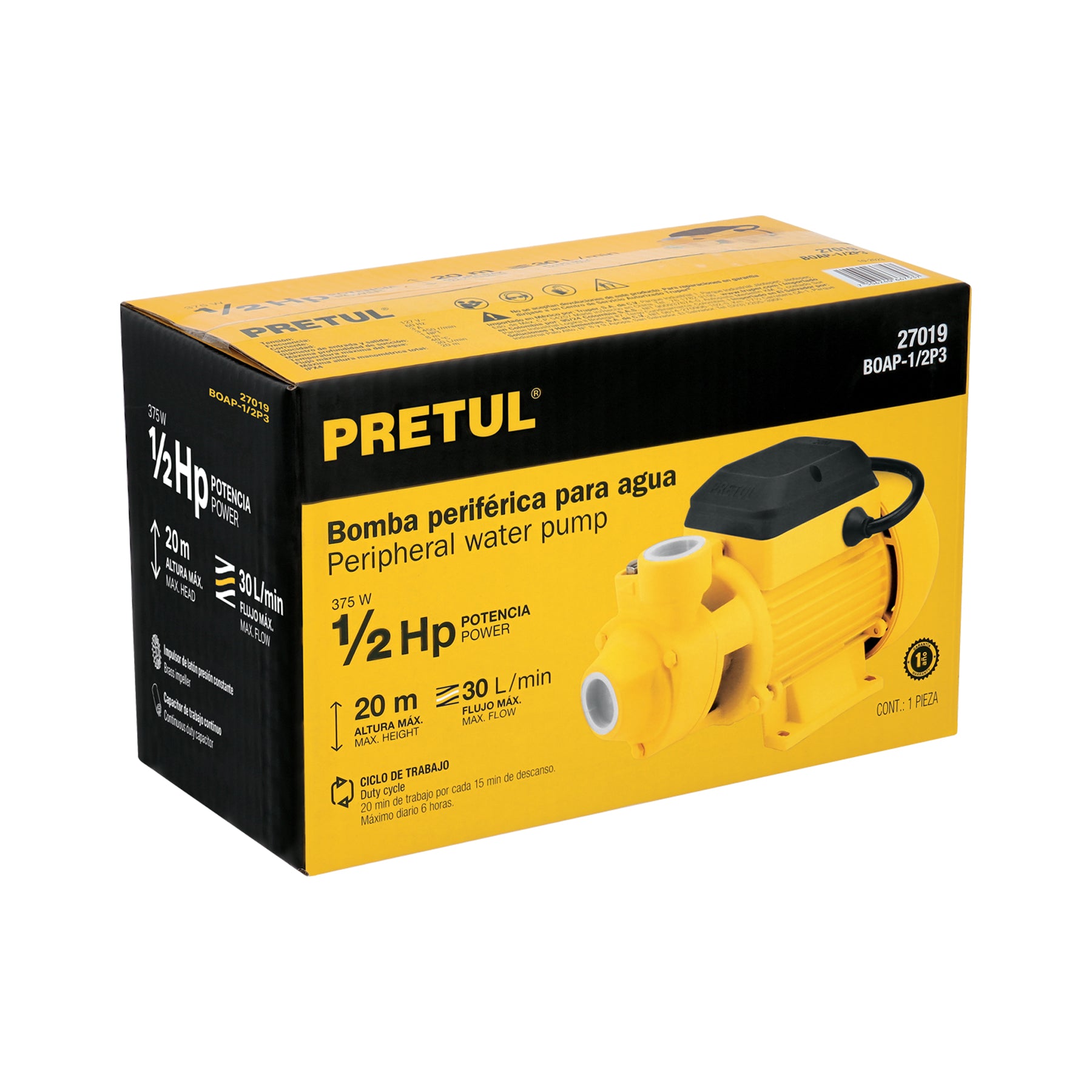 Bomba periférica 1/2HP, altura máx 20m, uso agrícola, PRETUL