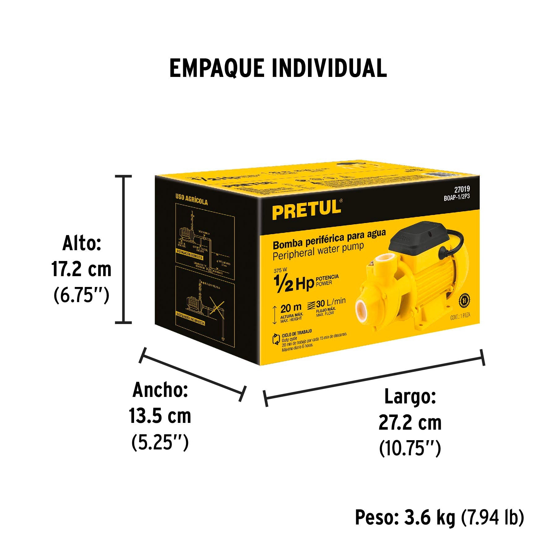 Bomba periférica 1/2HP, altura máx 20m, uso agrícola, PRETUL - Empaque